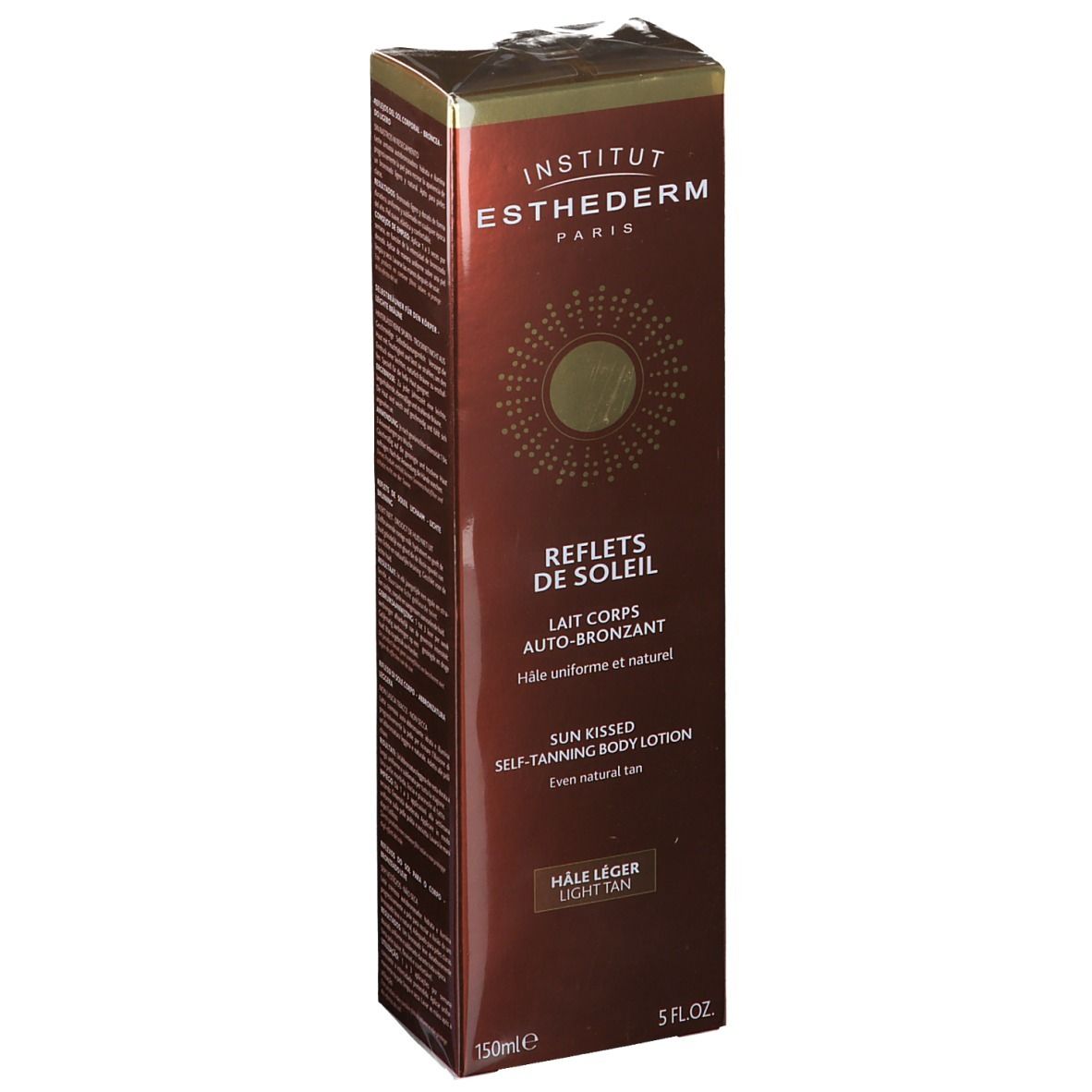 Braune Verpackung mit Produktinformationen. INSTITUT ESTHEDERM PARIS, REFLETS DE SOLEIL, Selbstbräuner Körperlotion, 150ml.