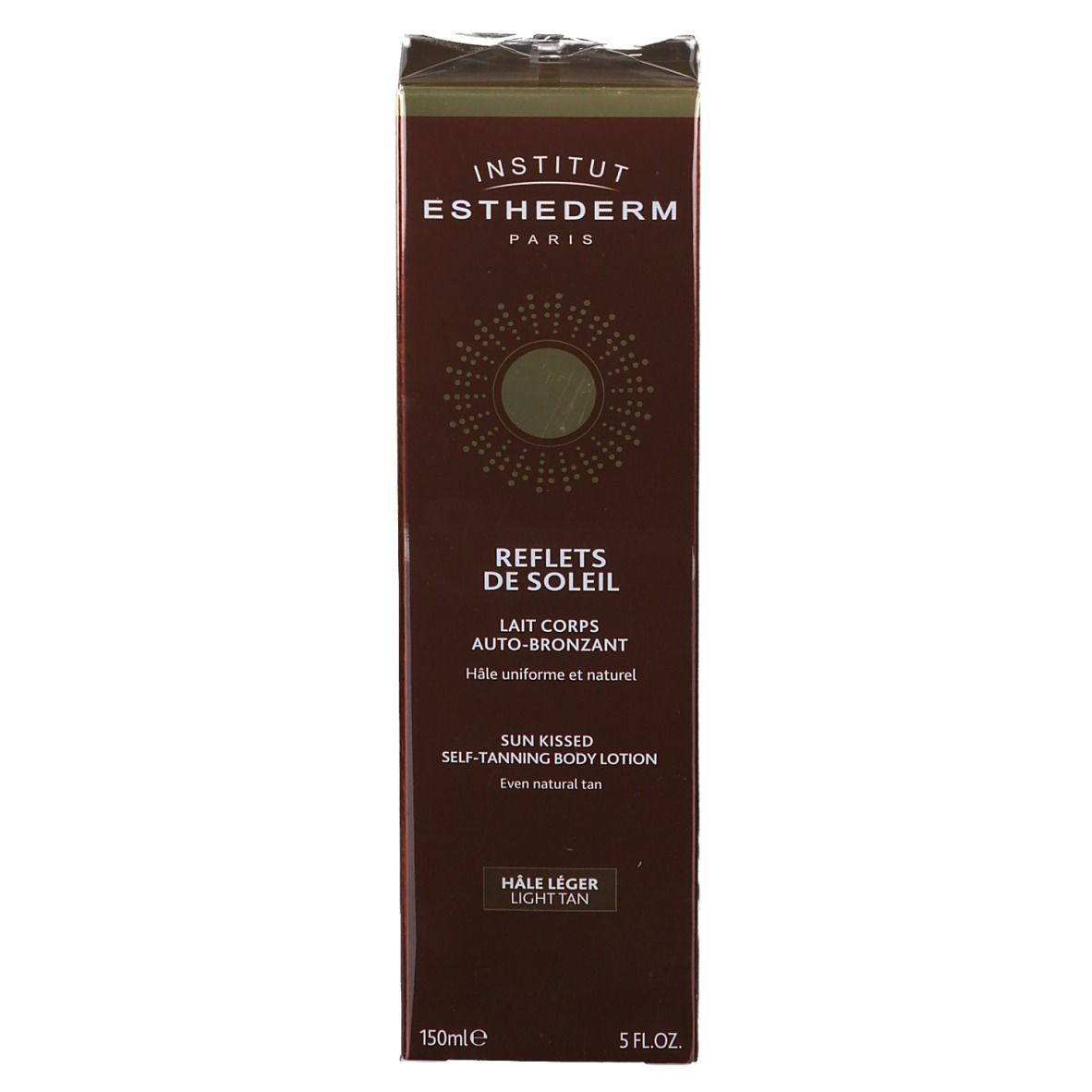 Braune Verpackung mit Produktinformationen. INSTITUT ESTHEDERM PARIS, REFLETS DE SOLEIL, Selbstbräuner Körperlotion, 150ml.