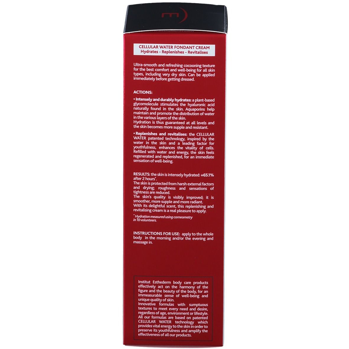 Rückseite der Verpackung. Text: CELLULAR WATER FONDANT CREAM. Hydrates - Replenishes - Revitalises. Anweisungen für die Anwendung. INSTITUT ESTHEDERM.