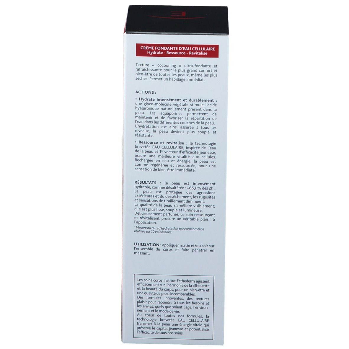 Rückseite der Verpackung. Text: CRÈME FONDANTE D'EAU CELLULAIRE. Hydrate - Ressource - Revitalise. Anweisungen für die Anwendung. INSTITUT ESTHEDERM.