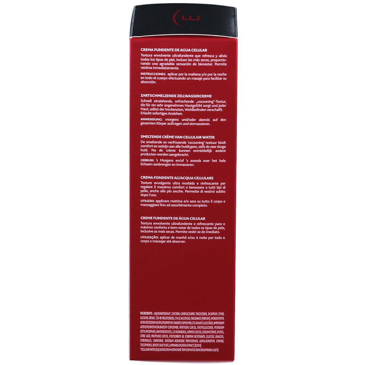 Rückseite der Verpackung. Text: CRÈME FONDANTE DE AGUA CELULAR. Anweisungen für die Anwendung. INSTITUT ESTHEDERM. Mehrsprachiger Text.