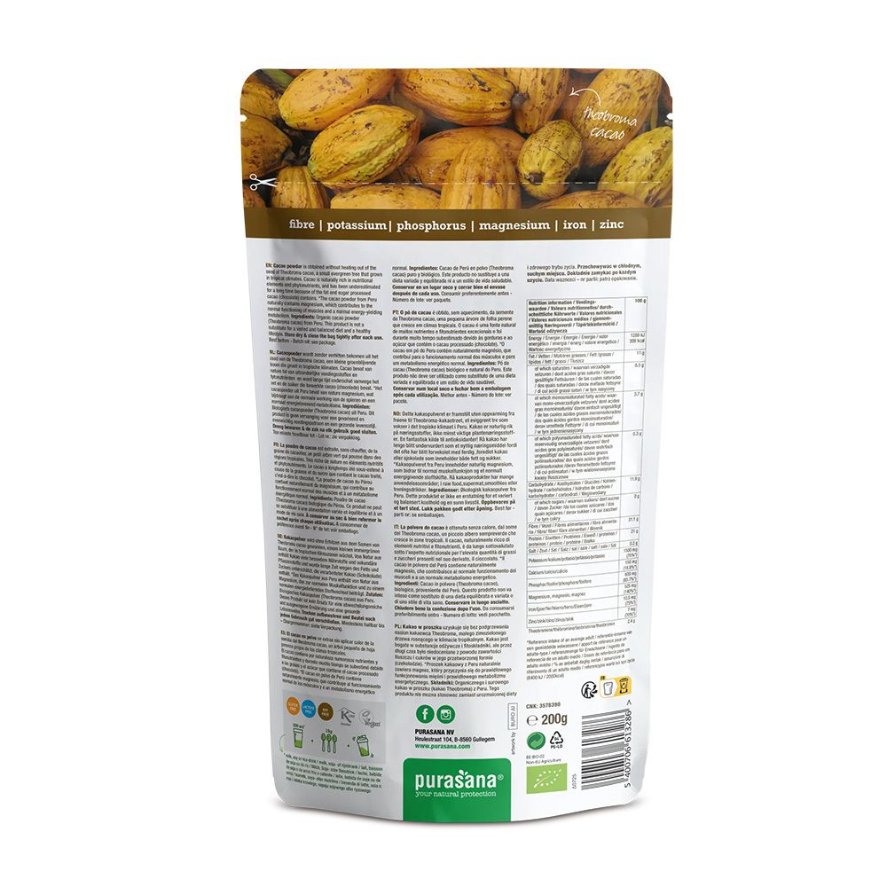 Purasana Cacao Powder-Beutel, Rückseite. Enthält Informationen zu Nährwerten und Zutaten. Bio-Siegel vorhanden.