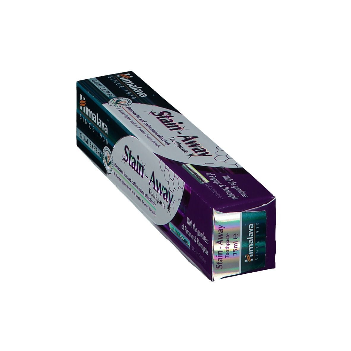Schräg gestellte Zahnpasta-Verpackung "Himalaya Stain-Away". Grün-lila Schachtel. Entfernt Tee- und Kaffeeflecken. 75ml.
