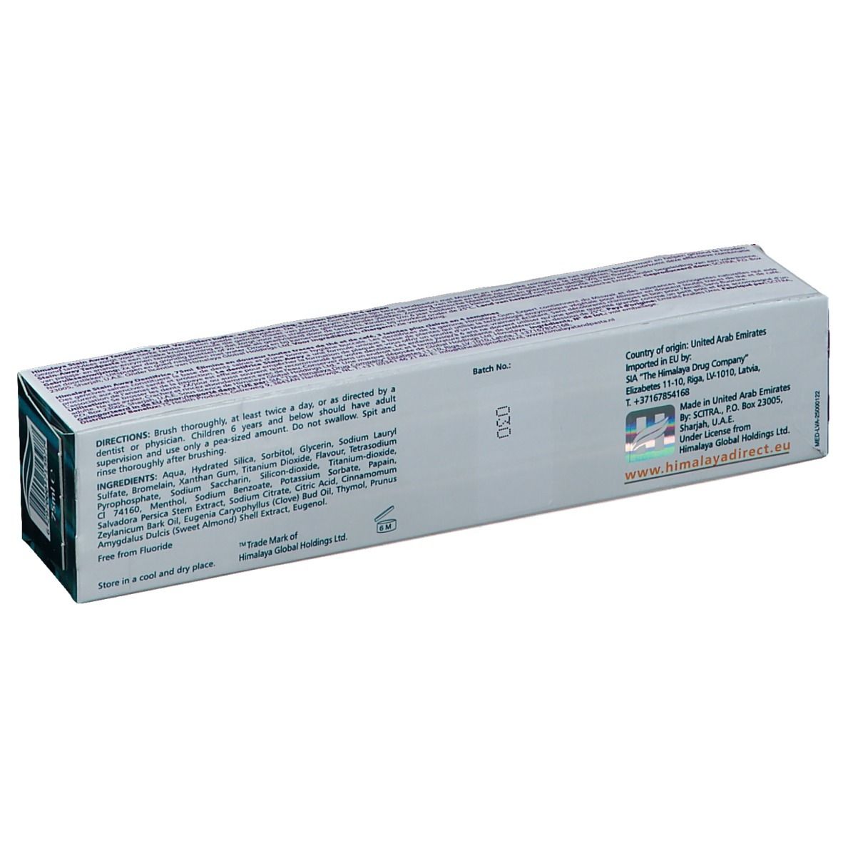 Rückseite der Zahnpasta-Verpackung "Himalaya Stain-Away". Enthält Inhaltsstoffe, Gebrauchsanweisung und Herstellerinformationen.