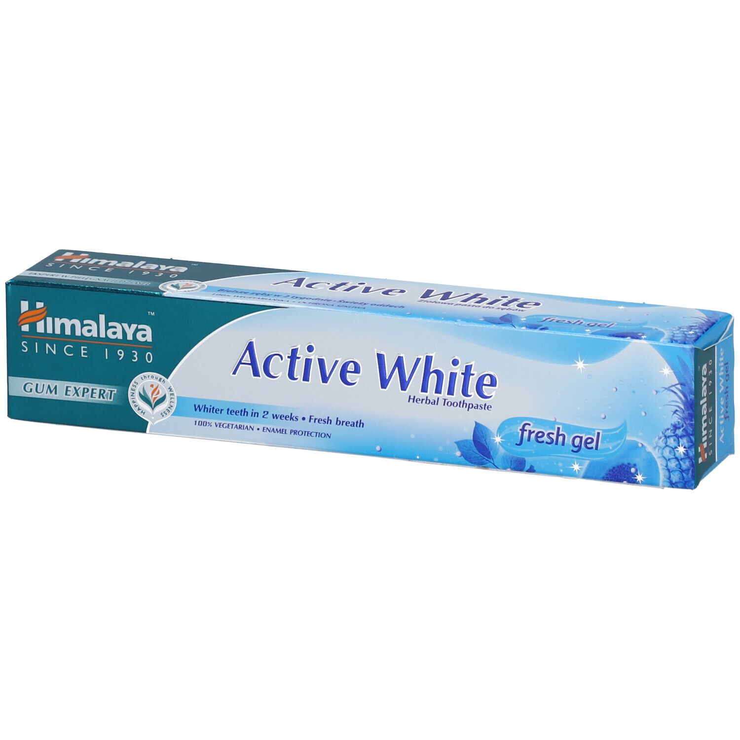 Zahncreme-Verpackung mit "Active White" und "fresh gel" Schriftzug. Marke: Himalaya.