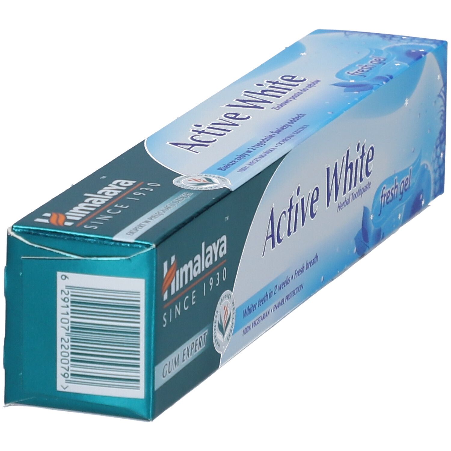 Zahncreme-Verpackung "Active White" von Himalaya. Blaue und weiße Farbgebung. Text und Logo.