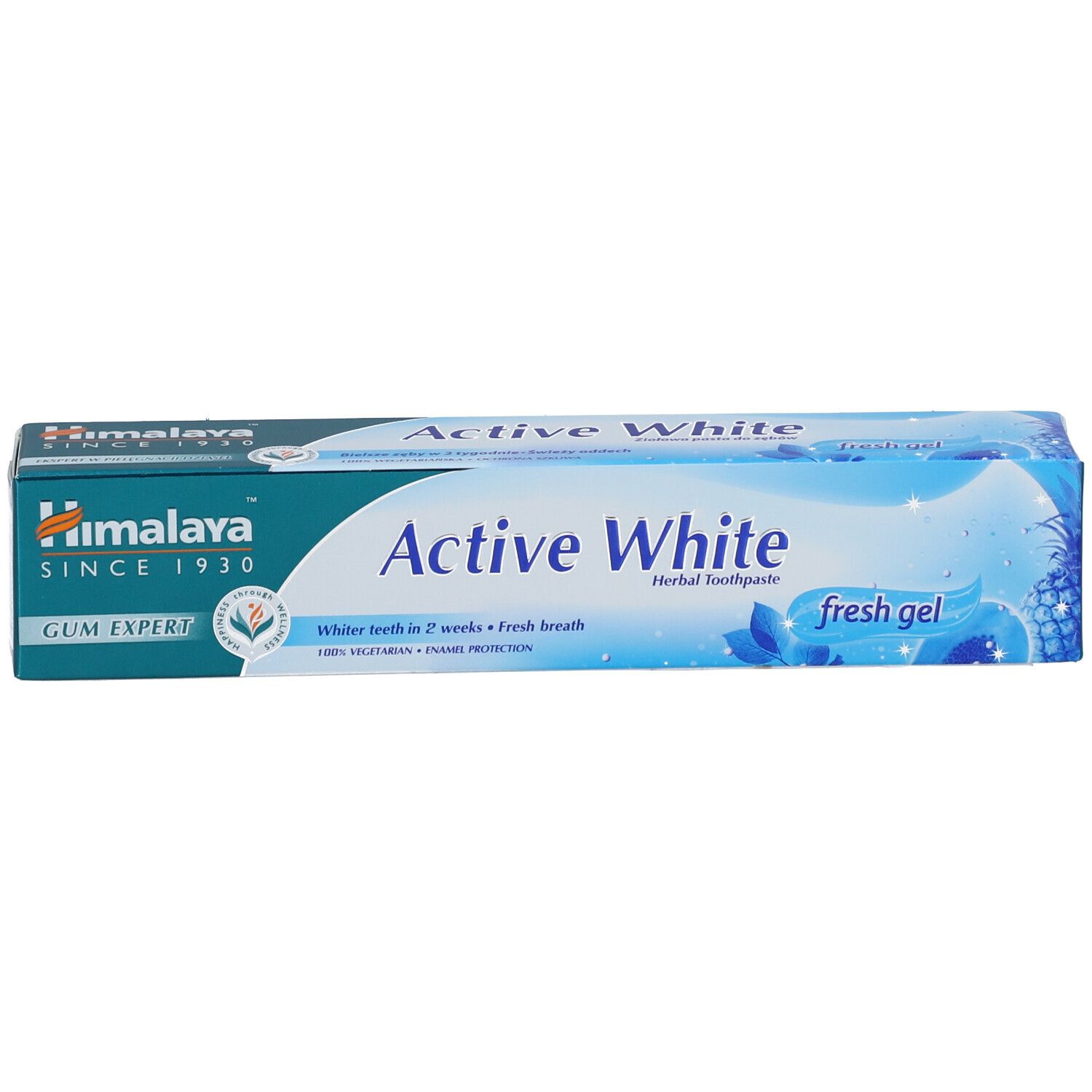 Zahncreme-Verpackung "Active White" von Himalaya. Blaue und weiße Farbgebung. Text und Logo.