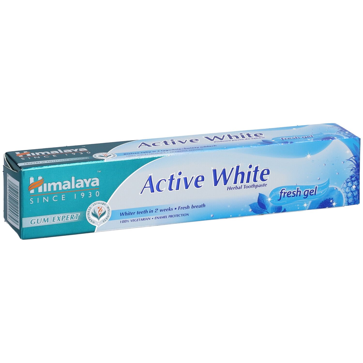 Zahncreme-Verpackung "Active White" von Himalaya. Blaue und weiße Farbgebung. Text und Logo.