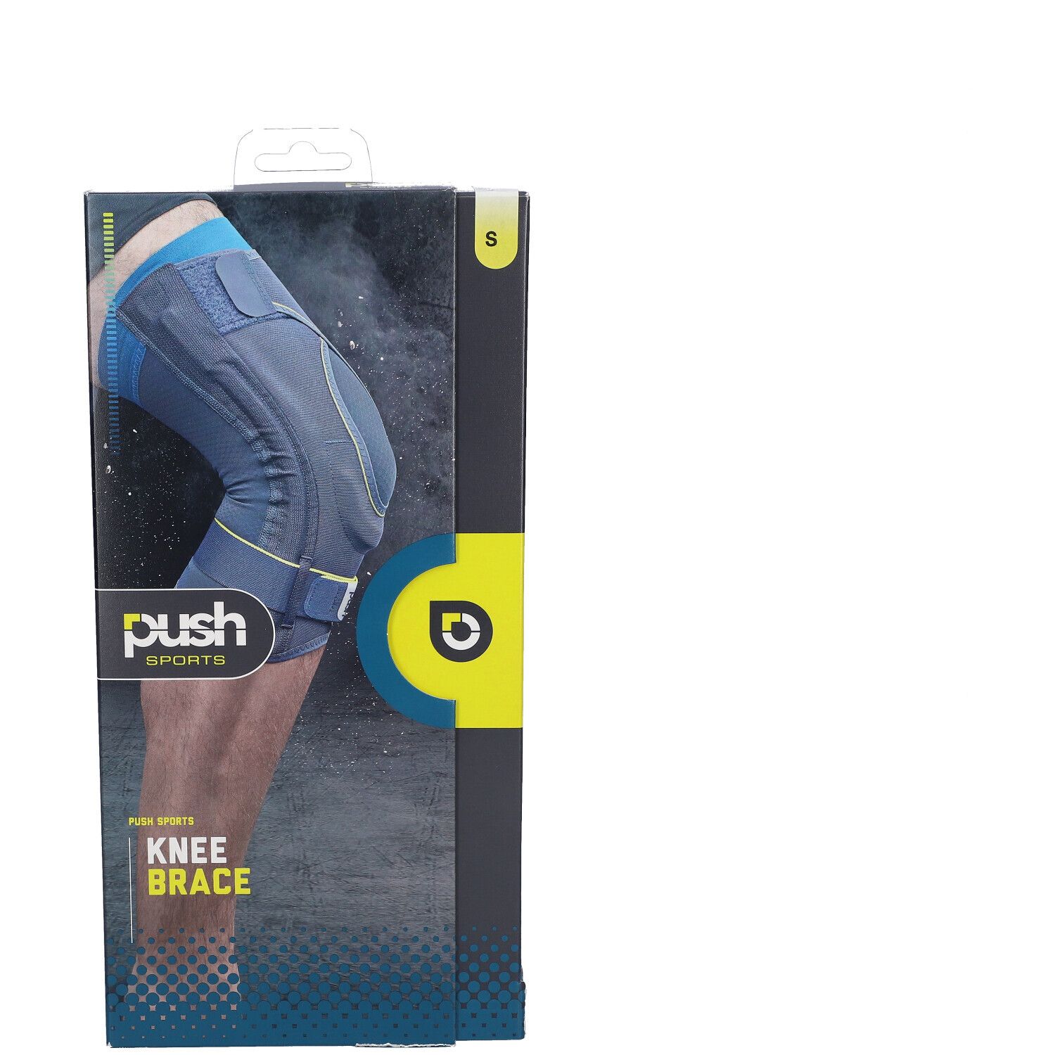 Kniebandage in Verpackung. Marke Push Sports. Größe S. Graue Bandage mit blauen Akzenten. Gelbes Logo. Knieorthese.