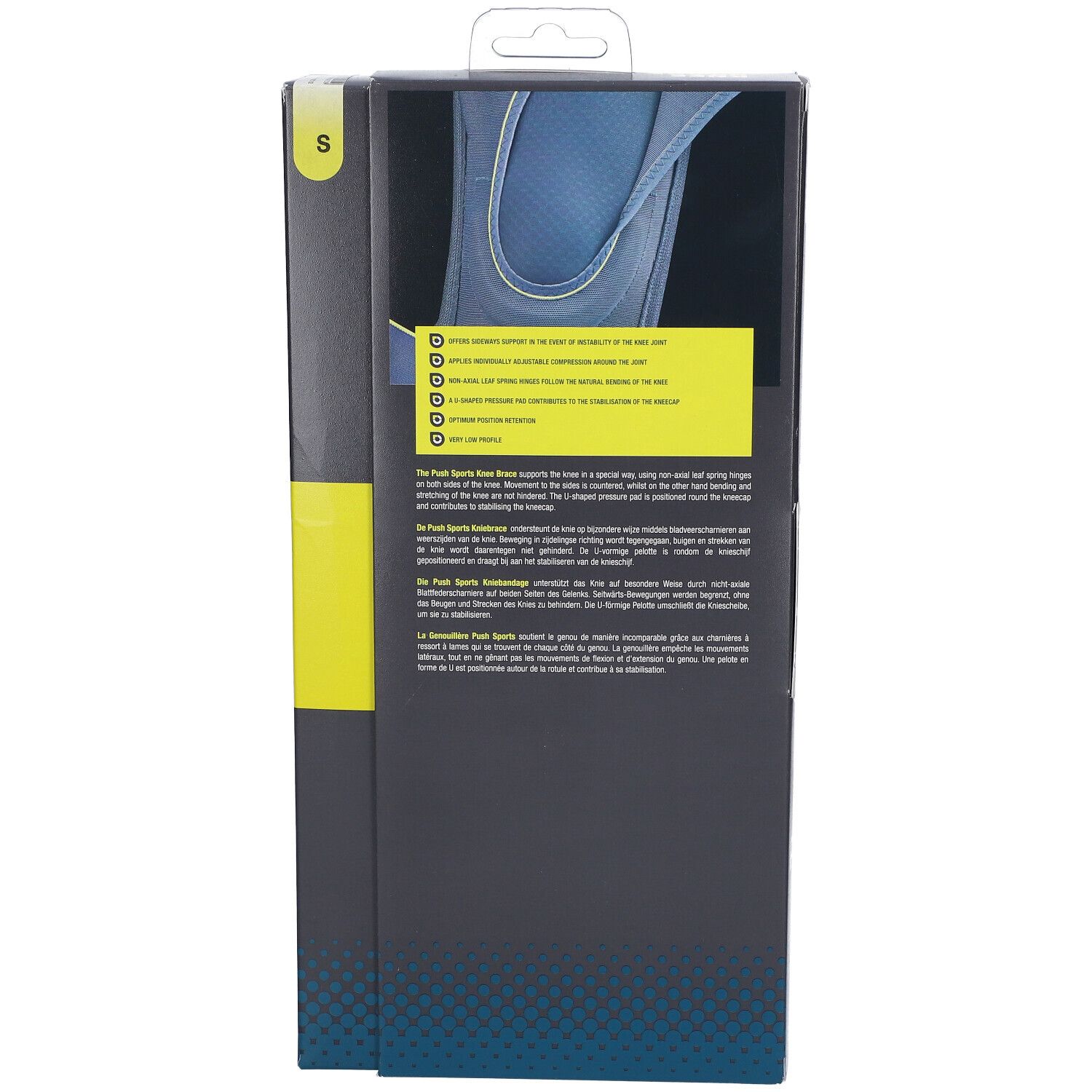 Rückseite der Verpackung. Text und Logos. Kniebandage. Marke Push Sports. Größe S. Gelber Hintergrund.