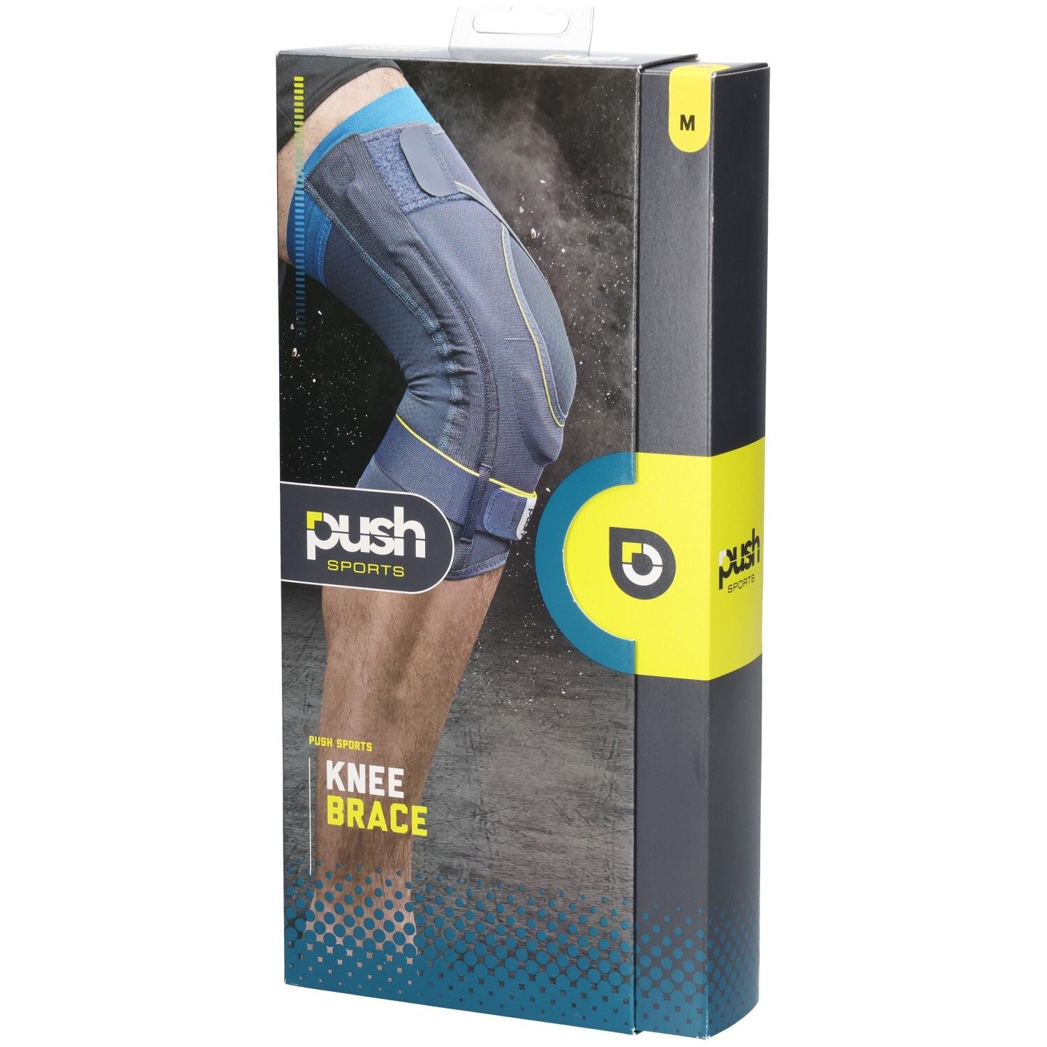 Kniebandage in Verpackung. Marke Push Sports. Größe M. Blaue und graue Farben. Mit Tragegriff.