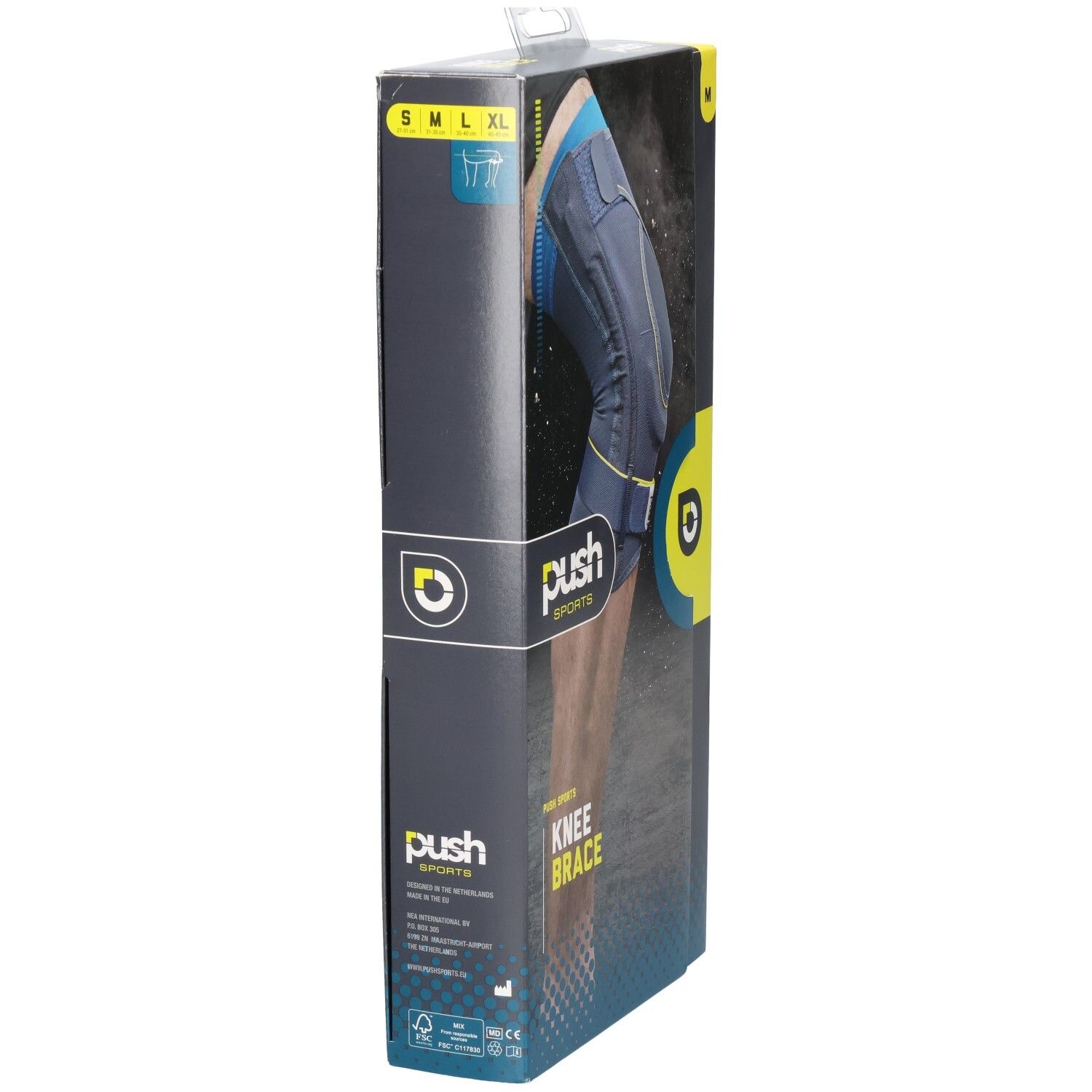 Kniebandage-Verpackung. Push Sports. Größen S, M, XL. Produktabbildung. Mit Tragegriff.
