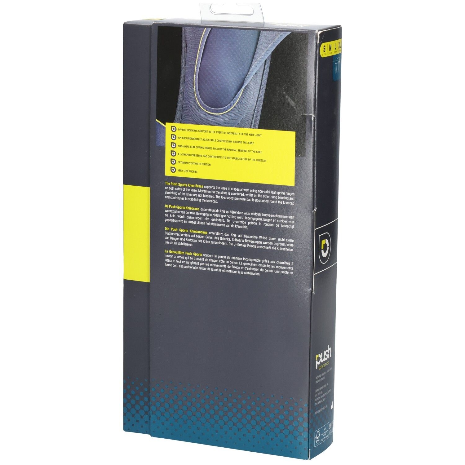 Rückseite der Kniebandage-Verpackung. Textinformationen. Marke Push Sports. Größe M.