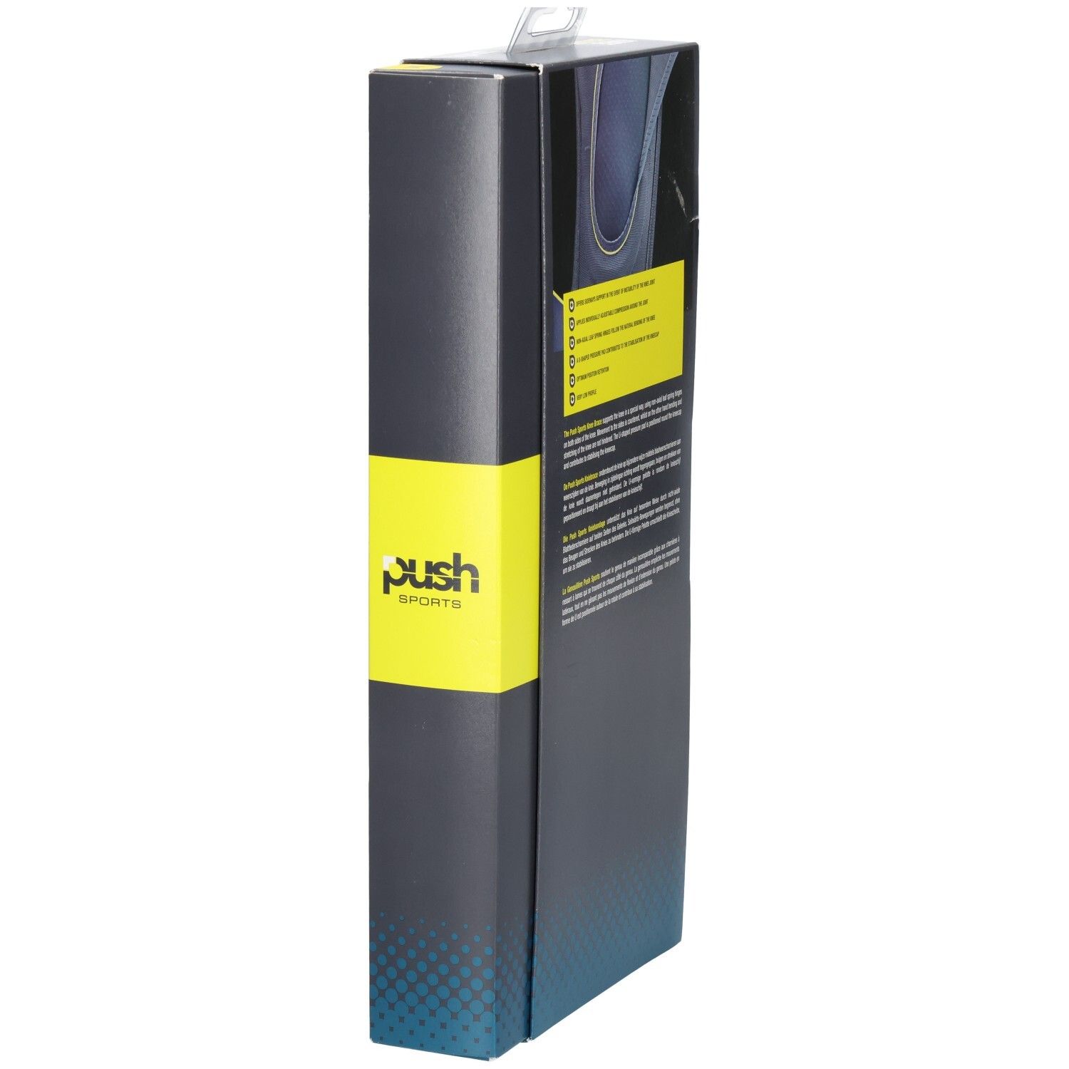 Kniebandage-Verpackung. Push Sports. Größe M. Gelber Streifen mit Text. Mit Tragegriff.