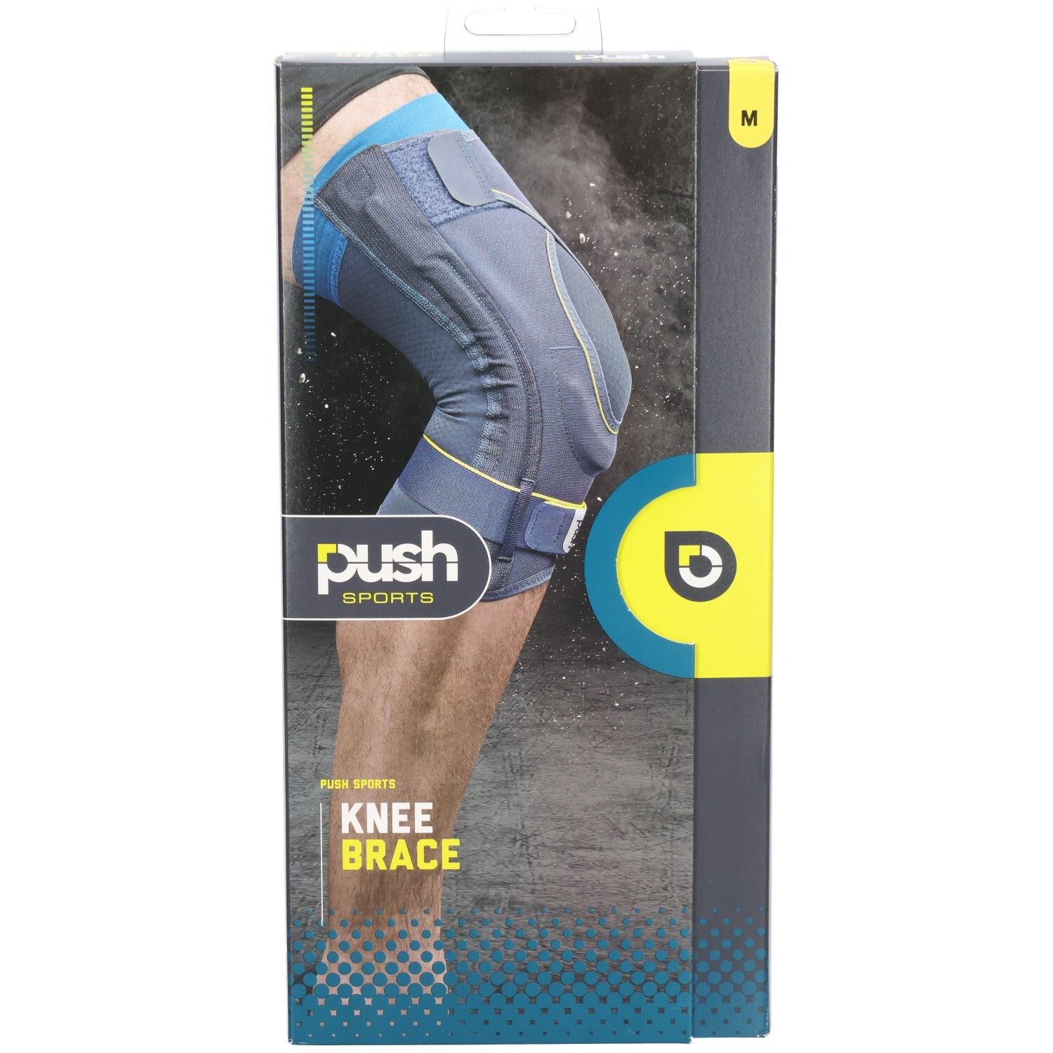 Kniebandage in Verpackung. Marke Push Sports. Größe M. Blaue und graue Farben. Mit Tragegriff.
