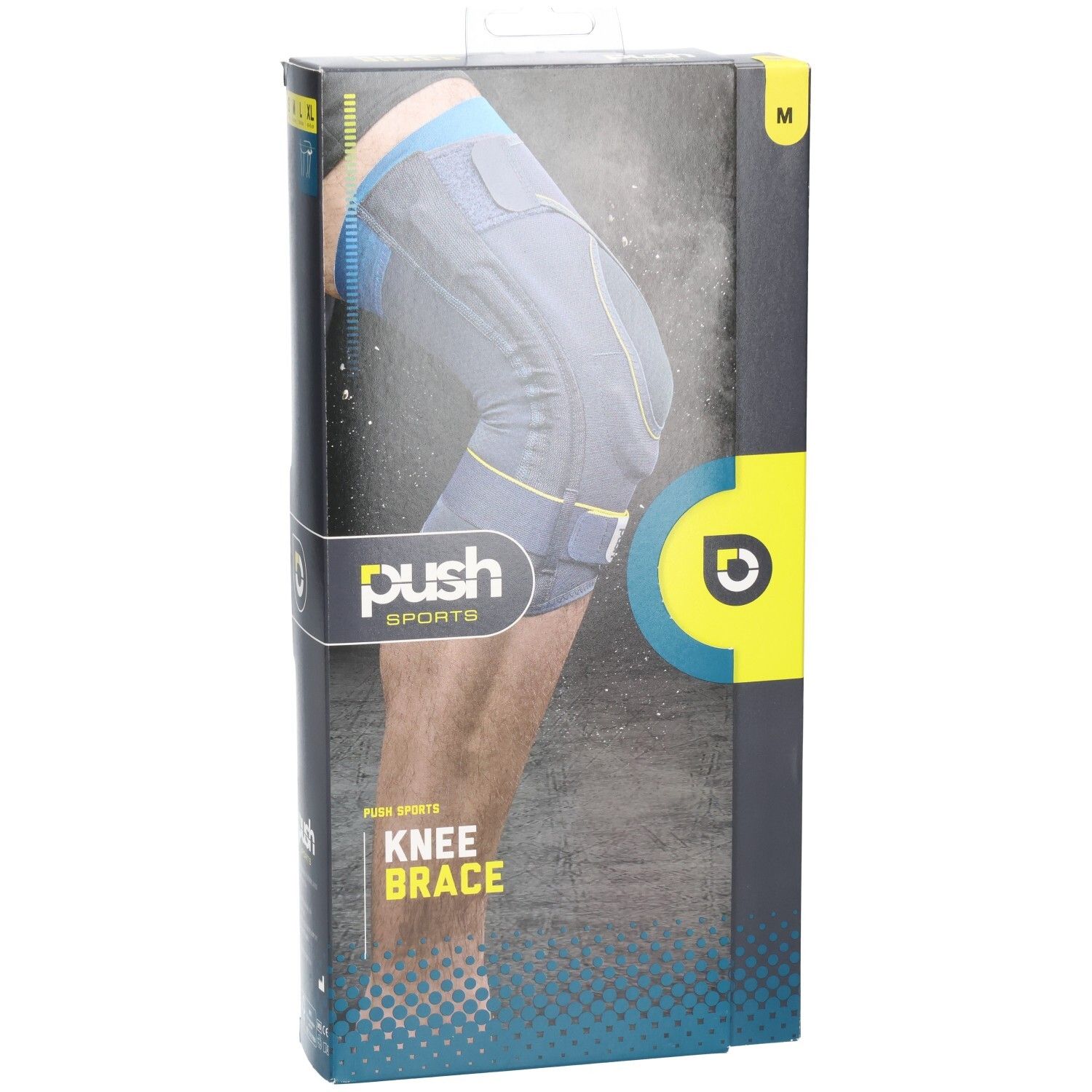 Kniebandage in Verpackung. Marke Push Sports. Größe M. Blaue und graue Farben. Mit Tragegriff.