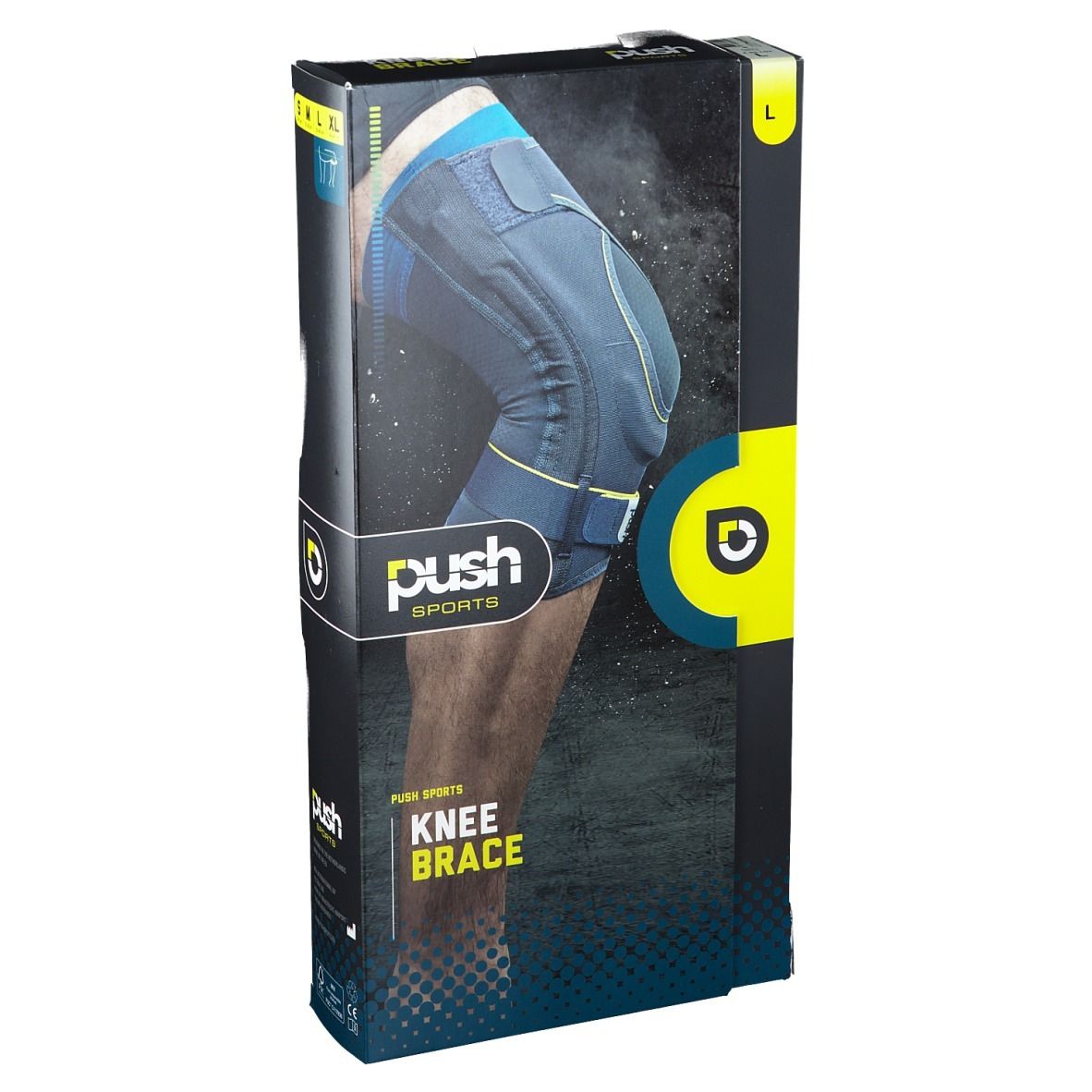 Knieorthese in Verpackung. Marke Push Sports. Größe L. Schwarze Verpackung mit Produktabbildung.