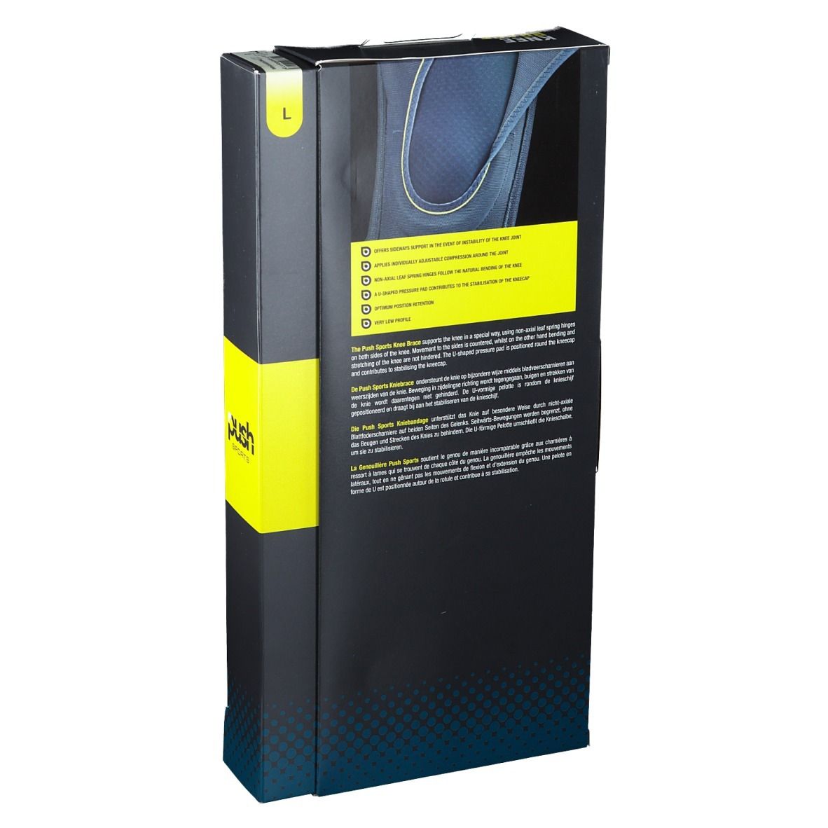 Rückseite der Verpackung. Knieorthese Push Sports. Produktinformationen und Logos. Schwarze Verpackung.
