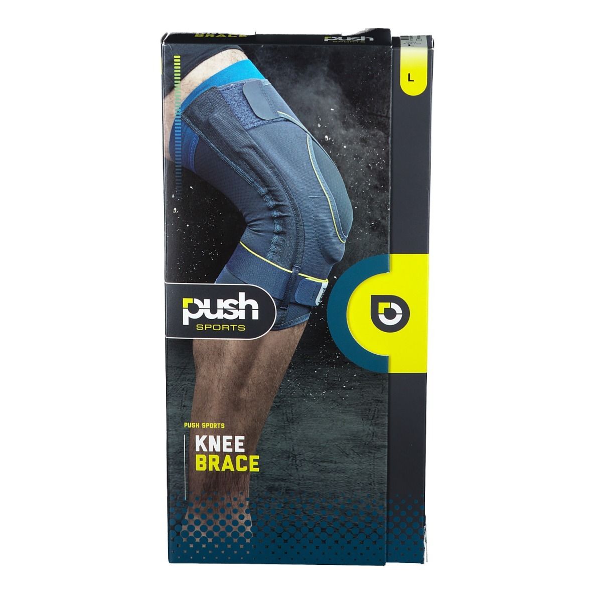 Knieorthese in Verpackung. Marke Push Sports. Größe L. Schwarze Verpackung mit Produktabbildung.