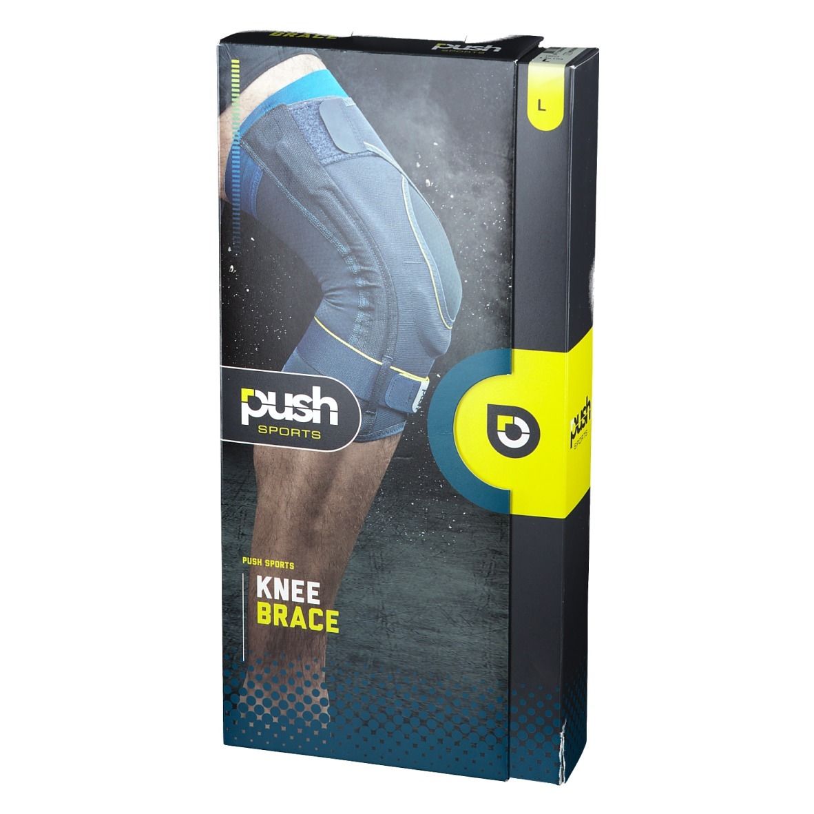 Knieorthese in Verpackung. Marke Push Sports. Größe L. Schwarze Verpackung mit Produktabbildung.