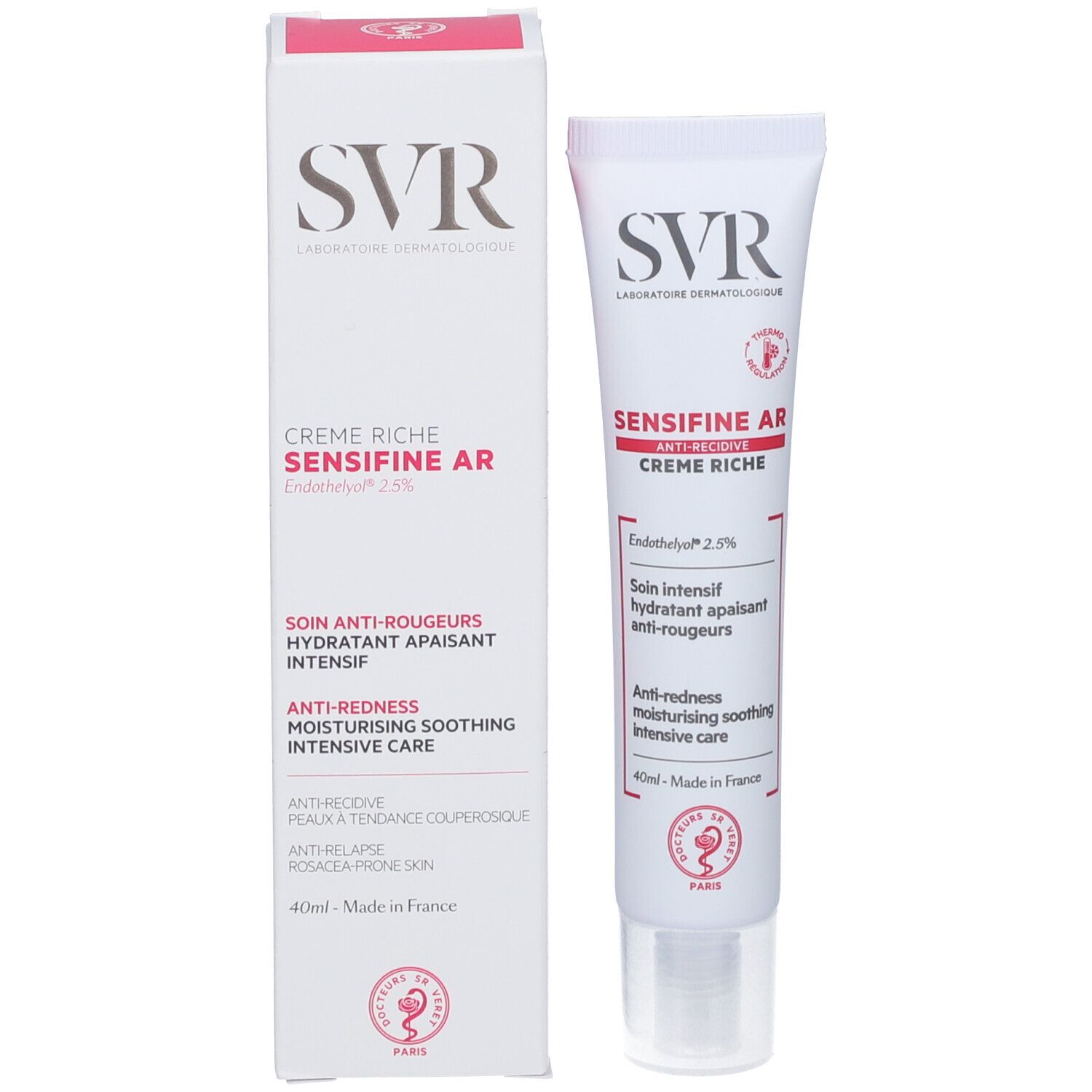 Produktverpackung. Weiße Tube und Schachtel. SVR, SENSIFINE AR, Creme Riche. 40ml.