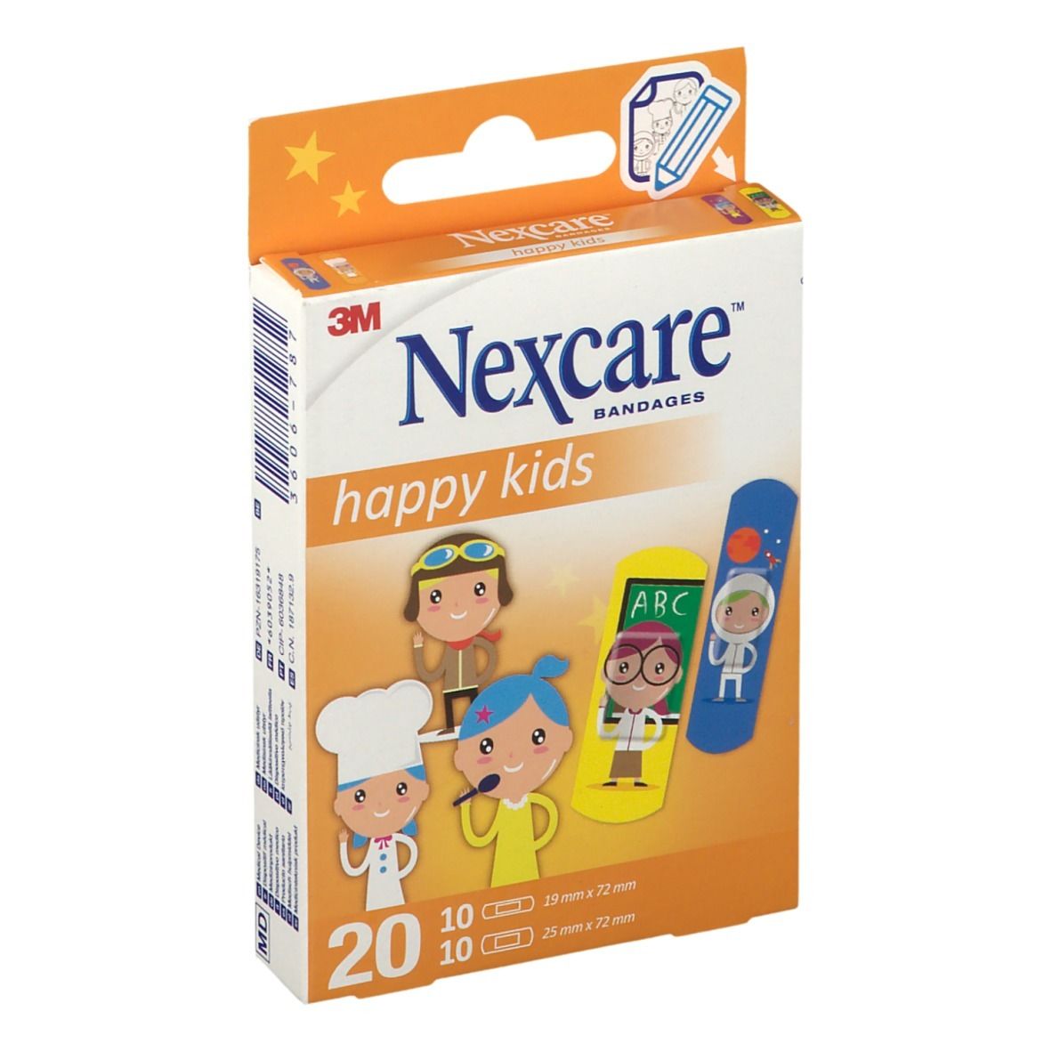 Verpackung mit 20 Pflastern. Nexcare happy kids. Aufdruck mit Figuren. 10 Pflaster 19x72mm, 10 Pflaster 25x72mm.