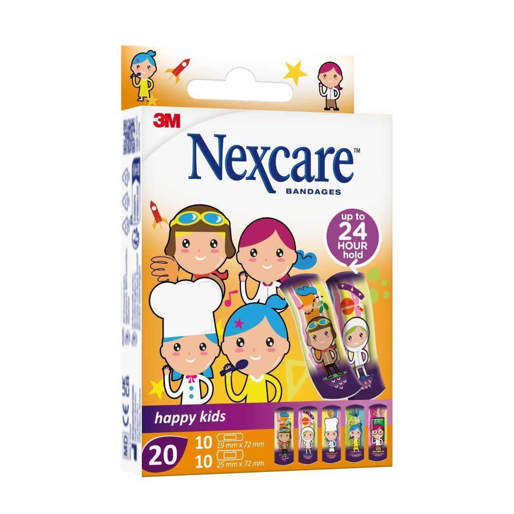 Rückseite der Verpackung mit Produktinformationen. Nexcare happy kids. Mehrsprachige Texte und Symbole.