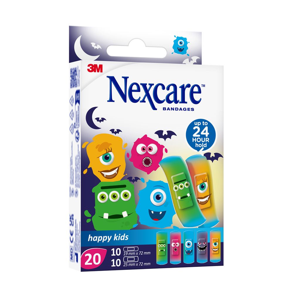 Verpackung mit Nexcare happy kids Pflastern. Enthält 20 Pflaster, verschiedene Monster-Designs. 3M-Logo und Produktname deutlich sichtbar.