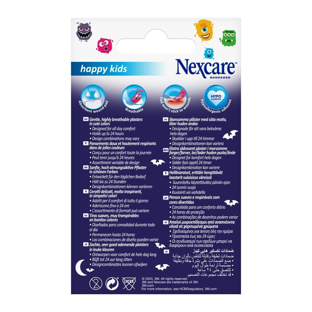 Rückseite der Nexcare happy kids Pflaster-Verpackung. Informationen in Deutsch, Italienisch, Niederländisch und Französisch.