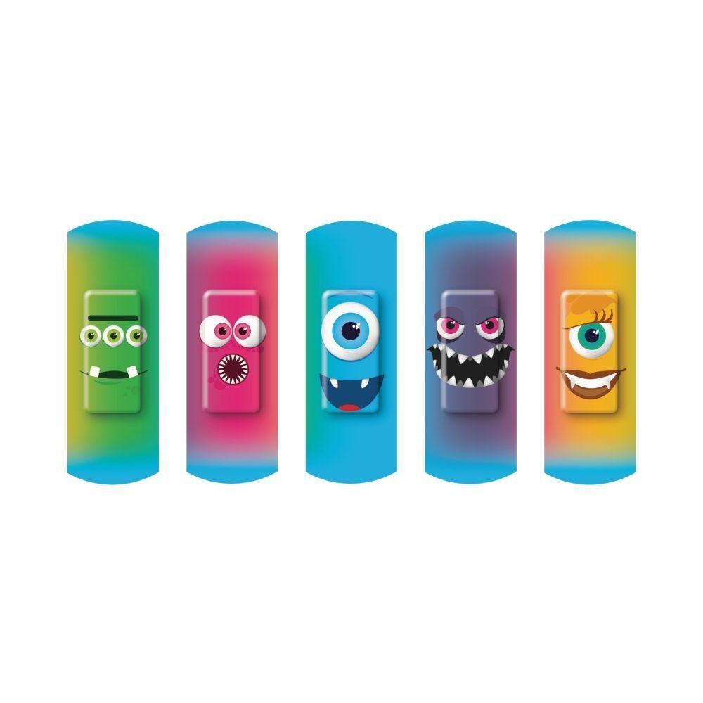 Fünf Pflaster mit Monster-Design. Blaue, grüne, rosa, violette und gelbe Farben. Verschiedene Monster-Gesichter.