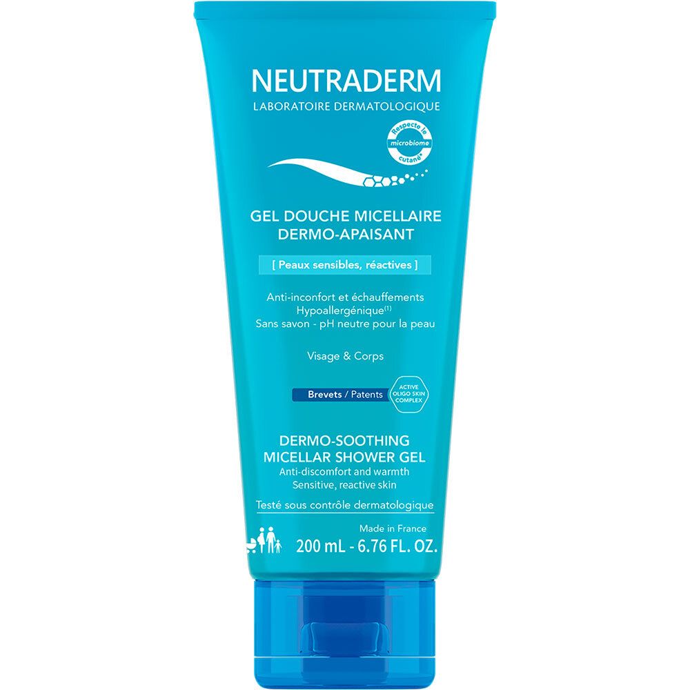 Türkisfarbene Tube Neutraderm Mizellenduschgel. Oben Schriftzug, darunter Produktname und weitere Informationen. Unten Volumenangabe.