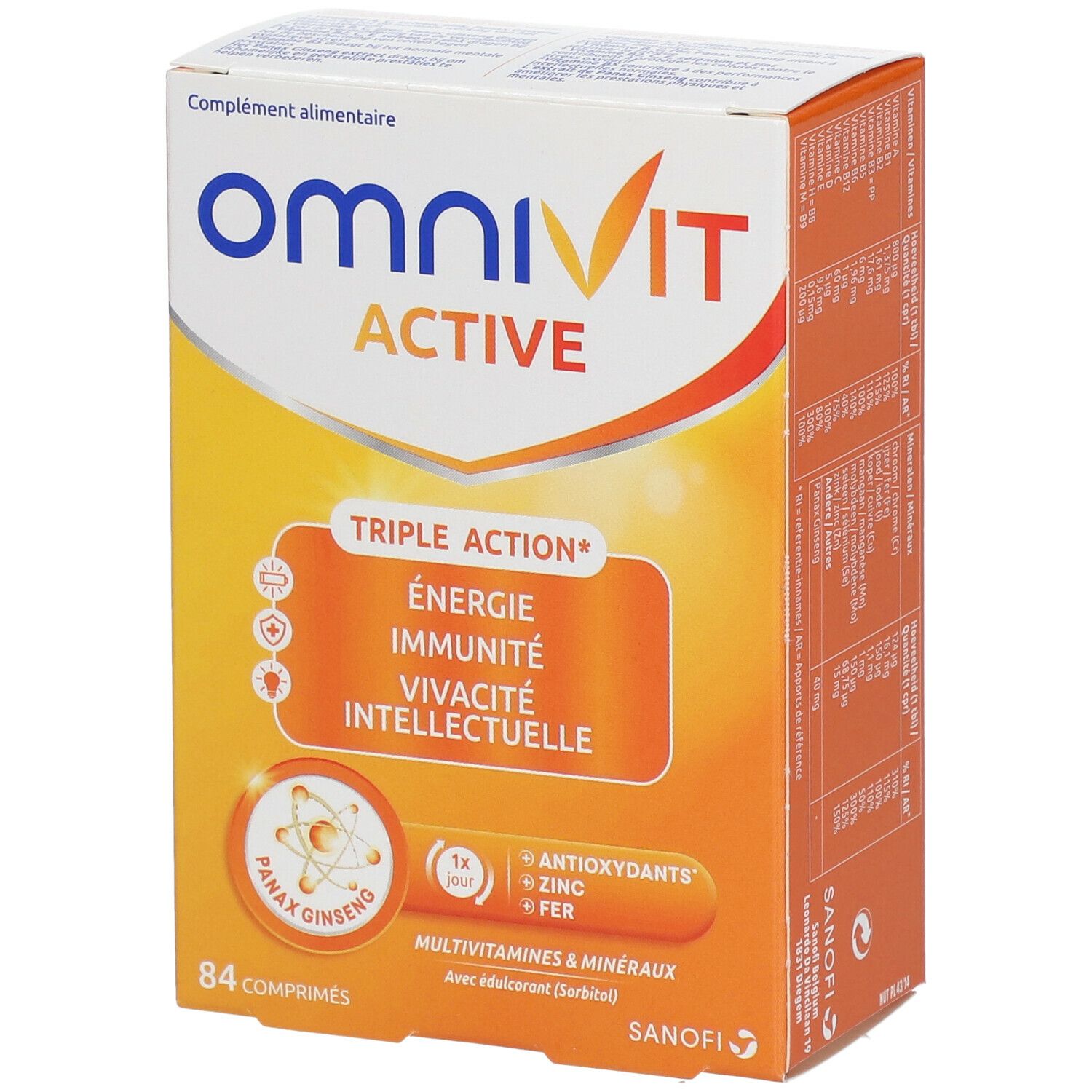 OmniVit Active-Verpackung. Orange-weißes Karton mit Produktnamen und „Triple Action“. Enthält 84 Tabletten. Sanofi-Logo.