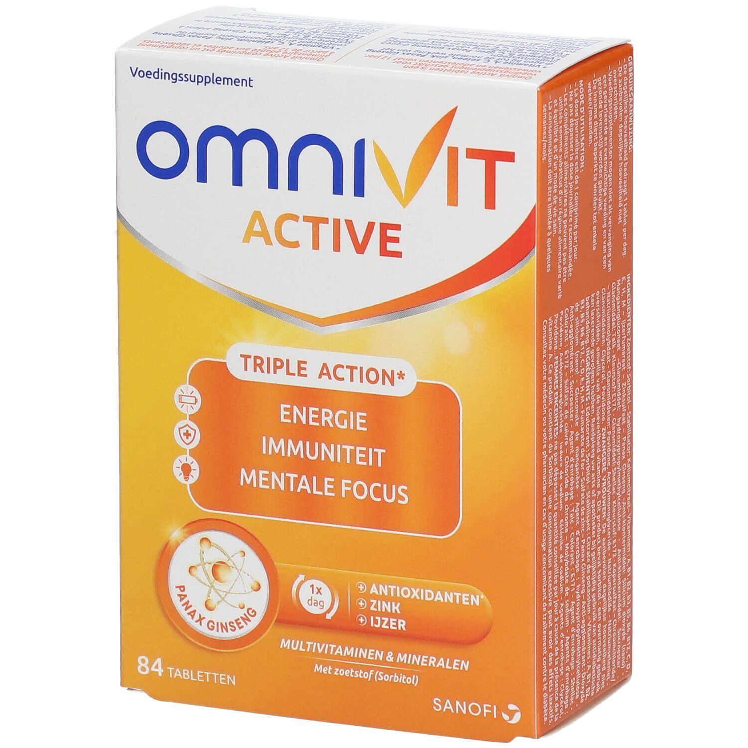 OmniVit Active-Verpackung. Orange-weißes Karton mit Produktnamen und „Triple Action“. Enthält 84 Tabletten. Sanofi-Logo.