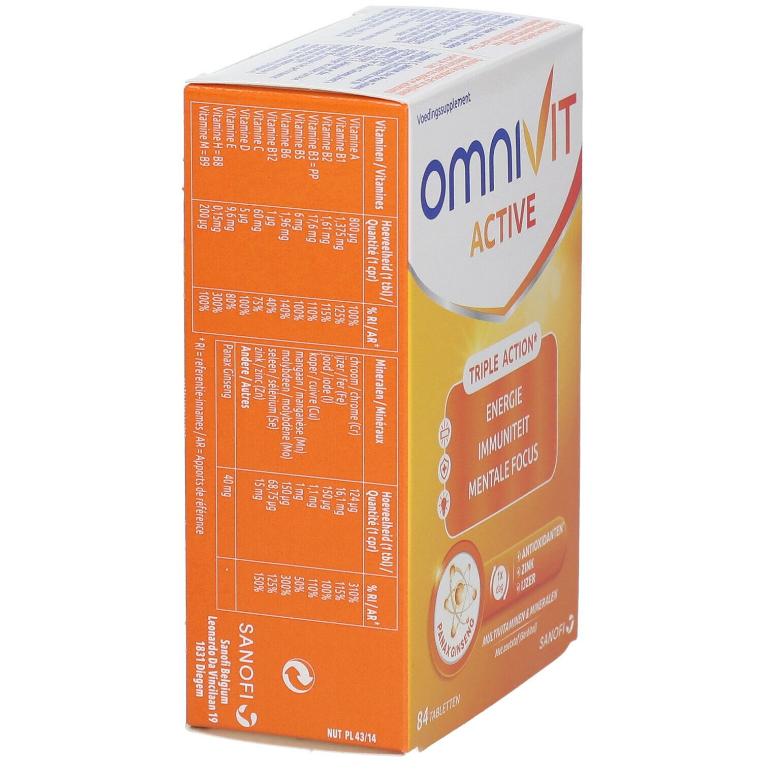 OmniVit Active-Verpackung, Seitenansicht. Orange-weißes Karton mit Produktinformationen. Text in mehreren Sprachen. Sanofi-Logo.