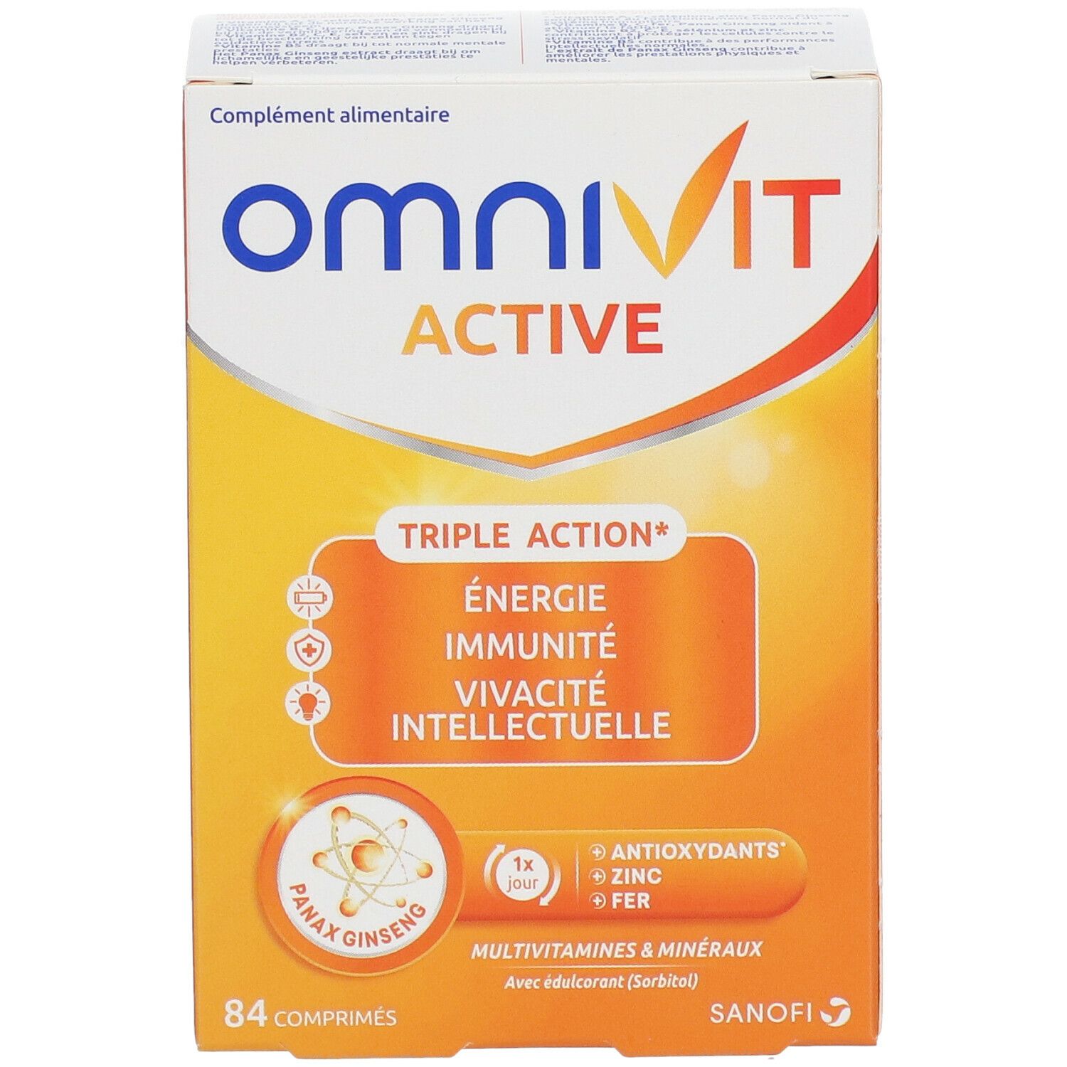 OmniVit Active-Verpackung. Orange-weißes Karton mit Produktnamen und „Triple Action“. Enthält 84 Tabletten. Sanofi-Logo.