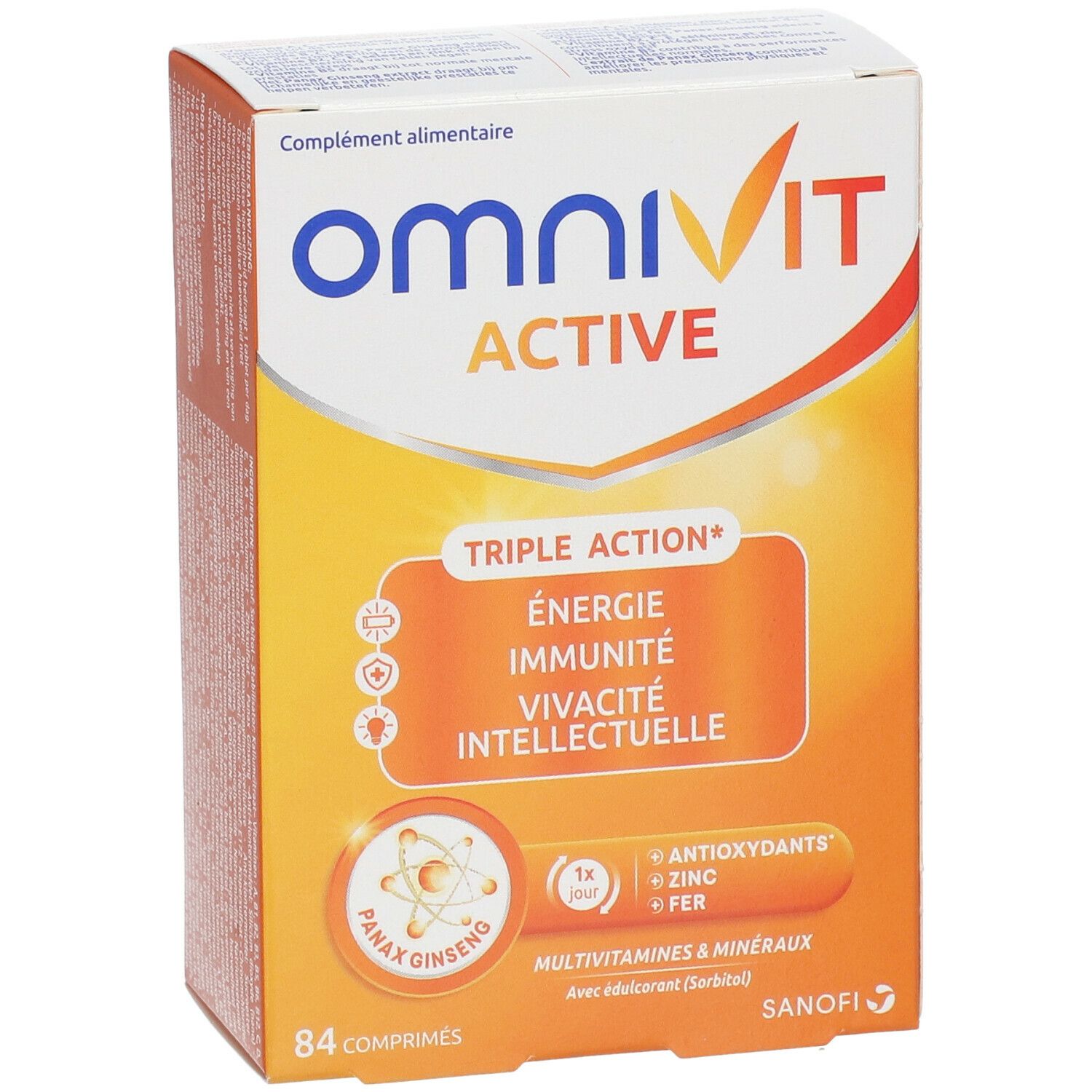 OmniVit Active-Verpackung. Orange-weißes Karton mit Produktnamen und „Triple Action“. Enthält 84 Tabletten. Sanofi-Logo.