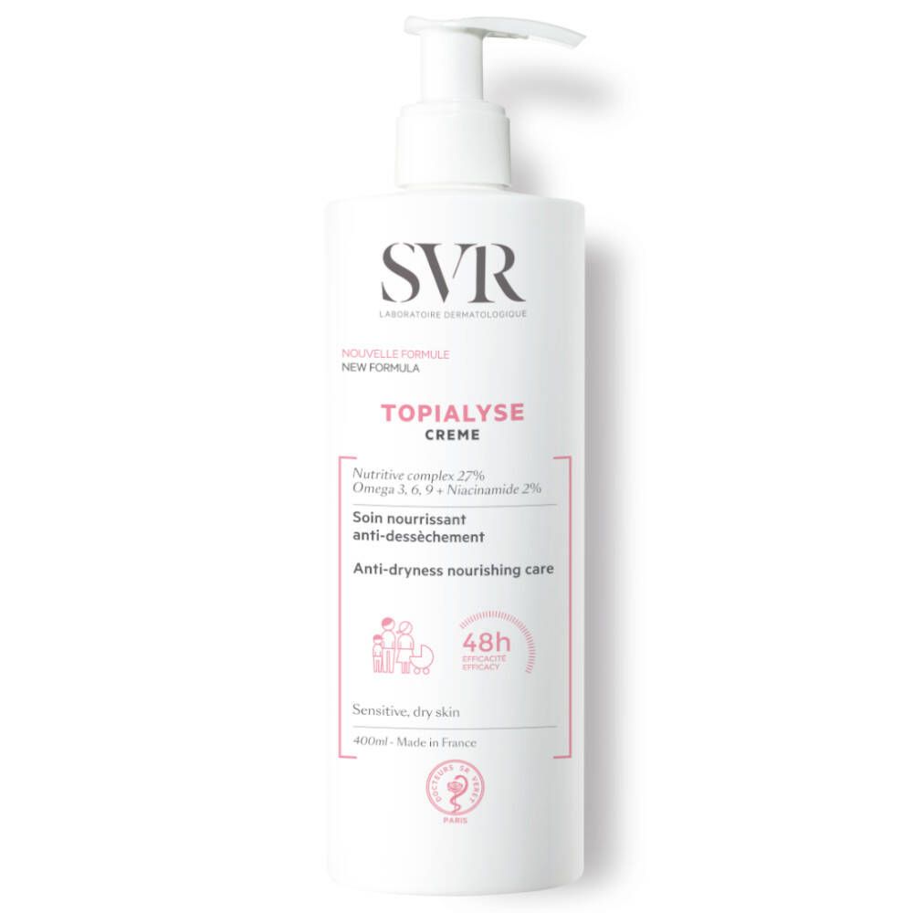 Weiße Flasche mit SVR TOPIALYSE Creme. Aufschrift: Creme, Anti-Trockenheits-Pflege, 48h. Für empfindliche, trockene Haut.