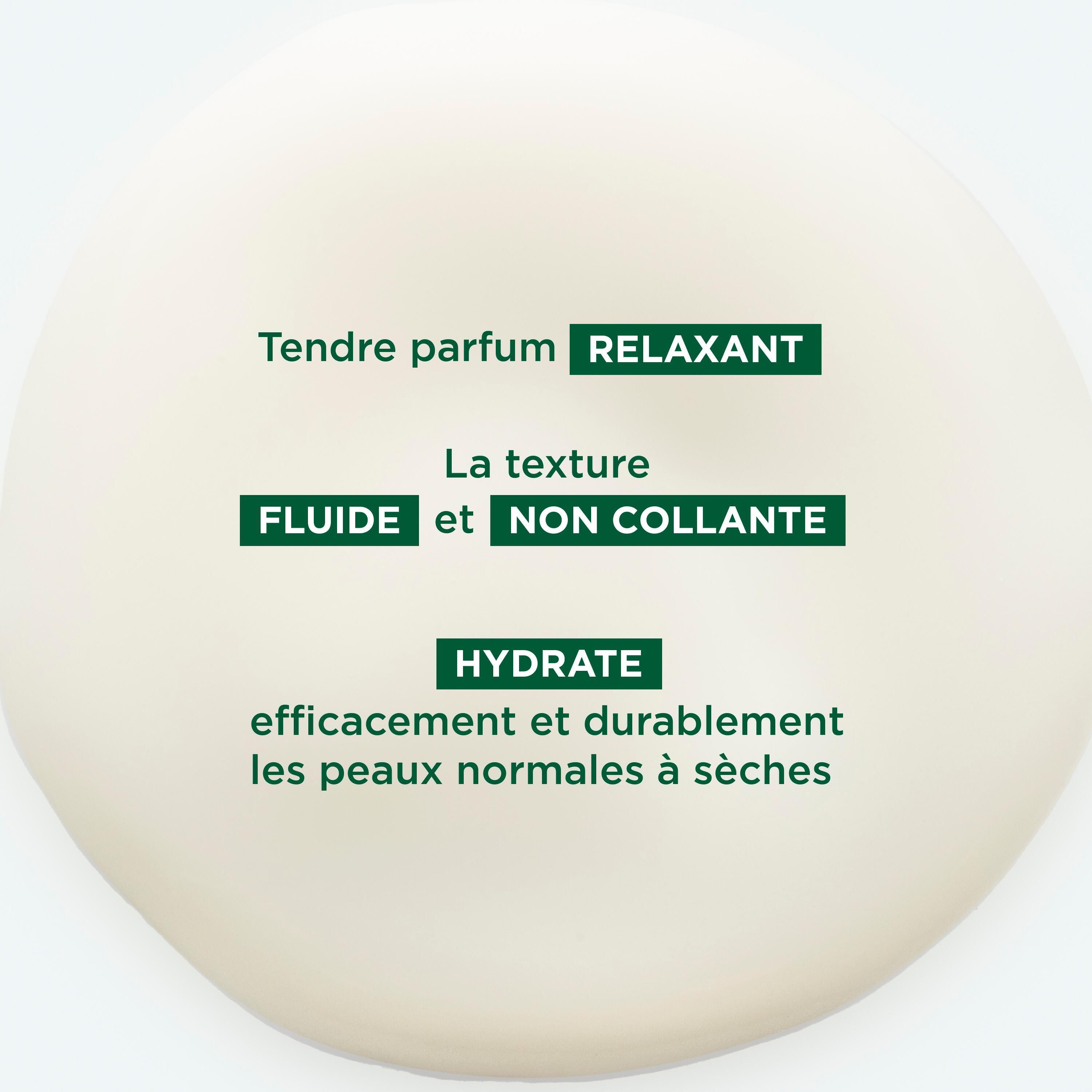 Nahaufnahme der Creme. Text: Tendre parfum relaxant, La texture fluide et non collante, Hydrate.