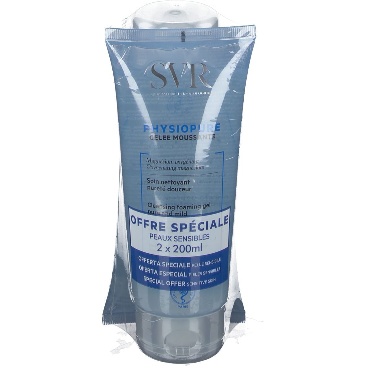Durchsichtige Tube mit blauem Gel. Text: SVR, PHYSIOPURE, Offre Spéciale, 2 x 200ml. In Folie verpackt.