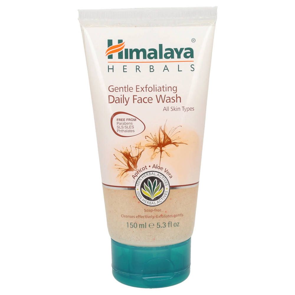 Himalaya Kräuter Reinigungsgel. Tube mit weißem Deckel und grünem Verschluss. Aufschrift: Gentle Exfoliating Daily Face Wash.