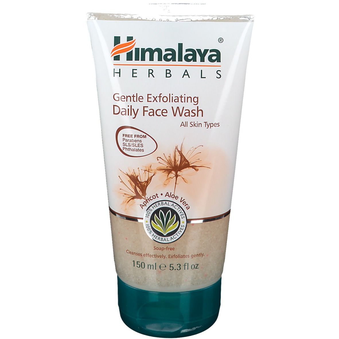 Himalaya Kräuter Sanftes Peeling Reinigungsgel. Weiße Tube mit grüner Kappe. Text: Gentle Exfoliating Daily Face Wash. Mit Aloe Vera.