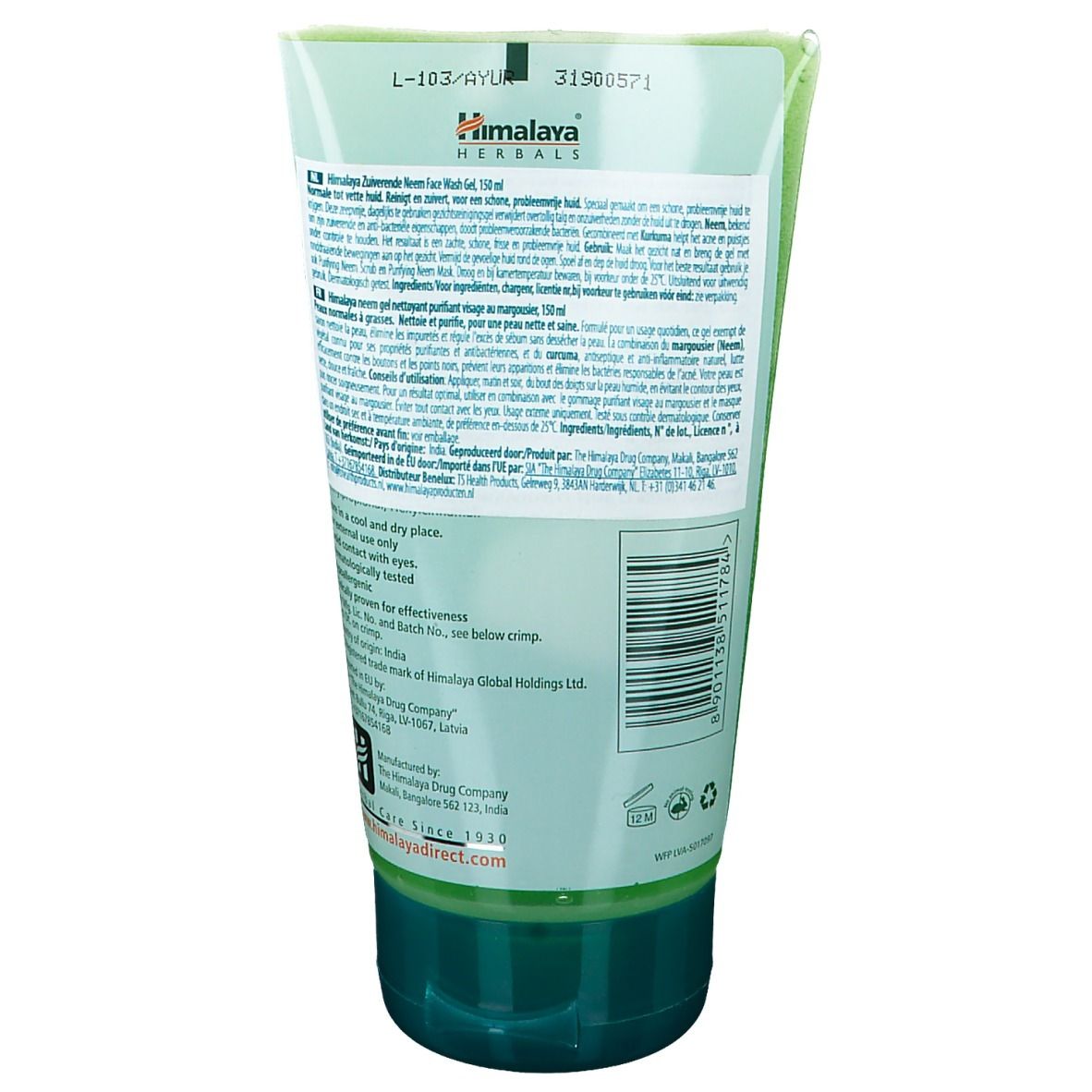 Himalaya Kräuter Neem Gesichtsreinigungsgel, 150 ml, in transparenter Tube mit grünem Verschluss.