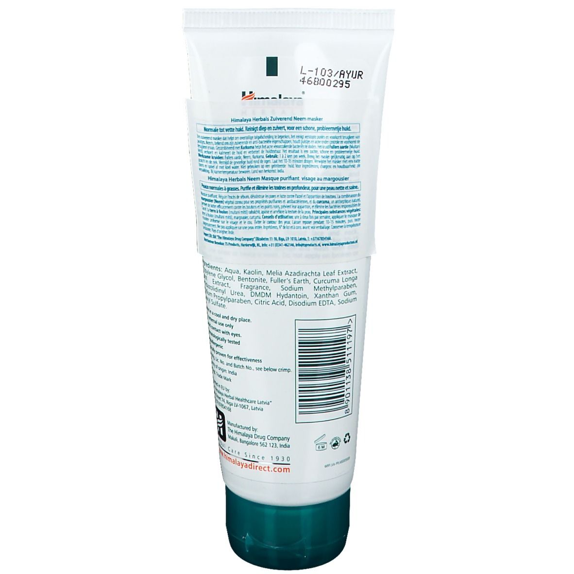 Weiße Tube mit türkisfarbenem Verschluss. Rückseite mit Produktinformationen und Barcode.