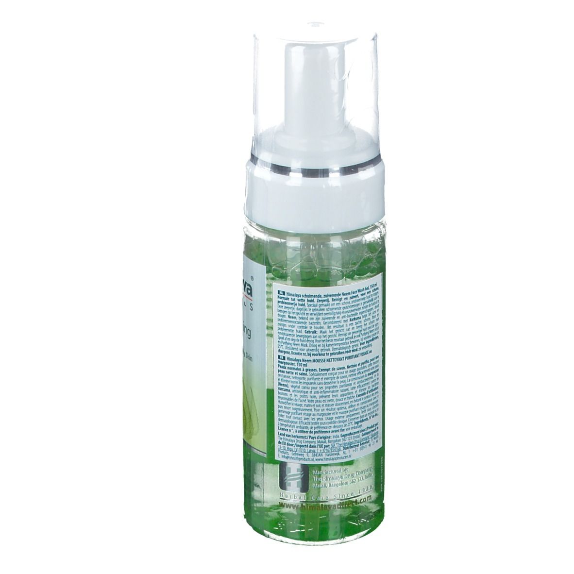 Flasche mit Pumpspender, gefüllt mit grünem Schaum. Etikett mit Text.