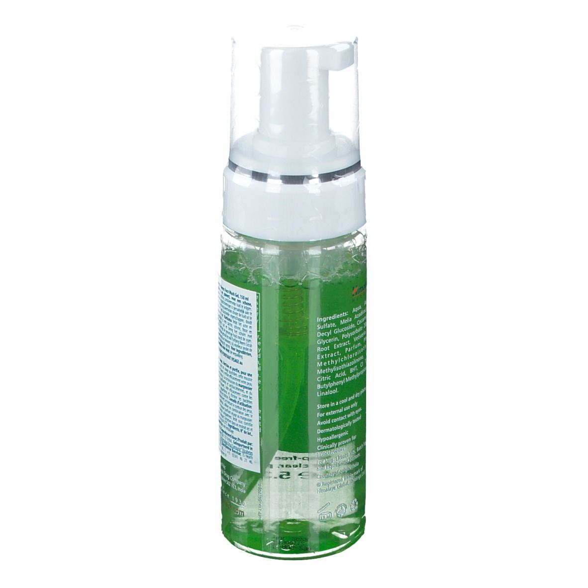 Flasche mit Pumpspender, gefüllt mit grüner Flüssigkeit. Etikett mit Inhaltsstoffen und Anwendungshinweisen.