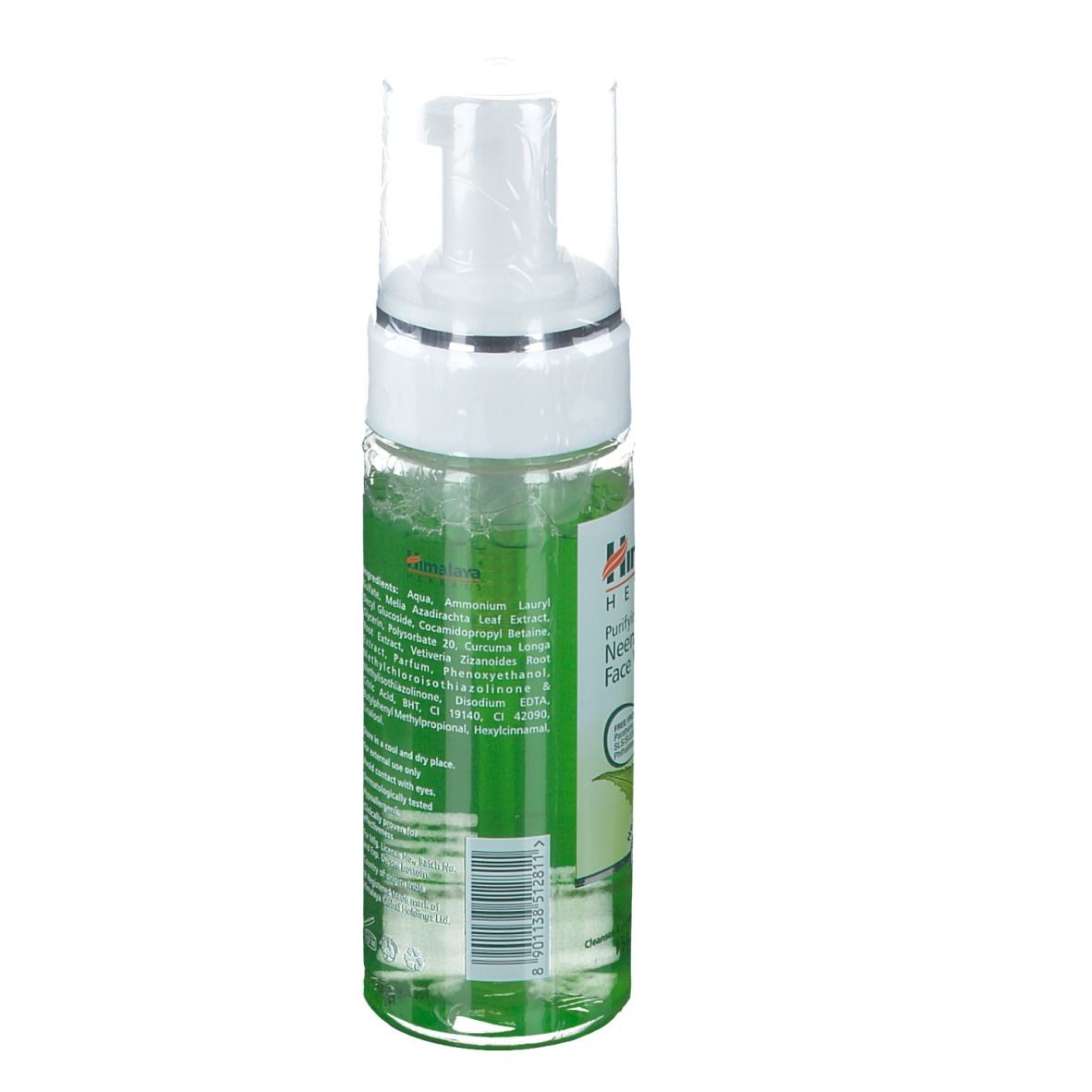 Flasche mit Pumpspender, gefüllt mit grünem Schaumreiniger. Etikett mit Inhaltsstoffen und Barcode.