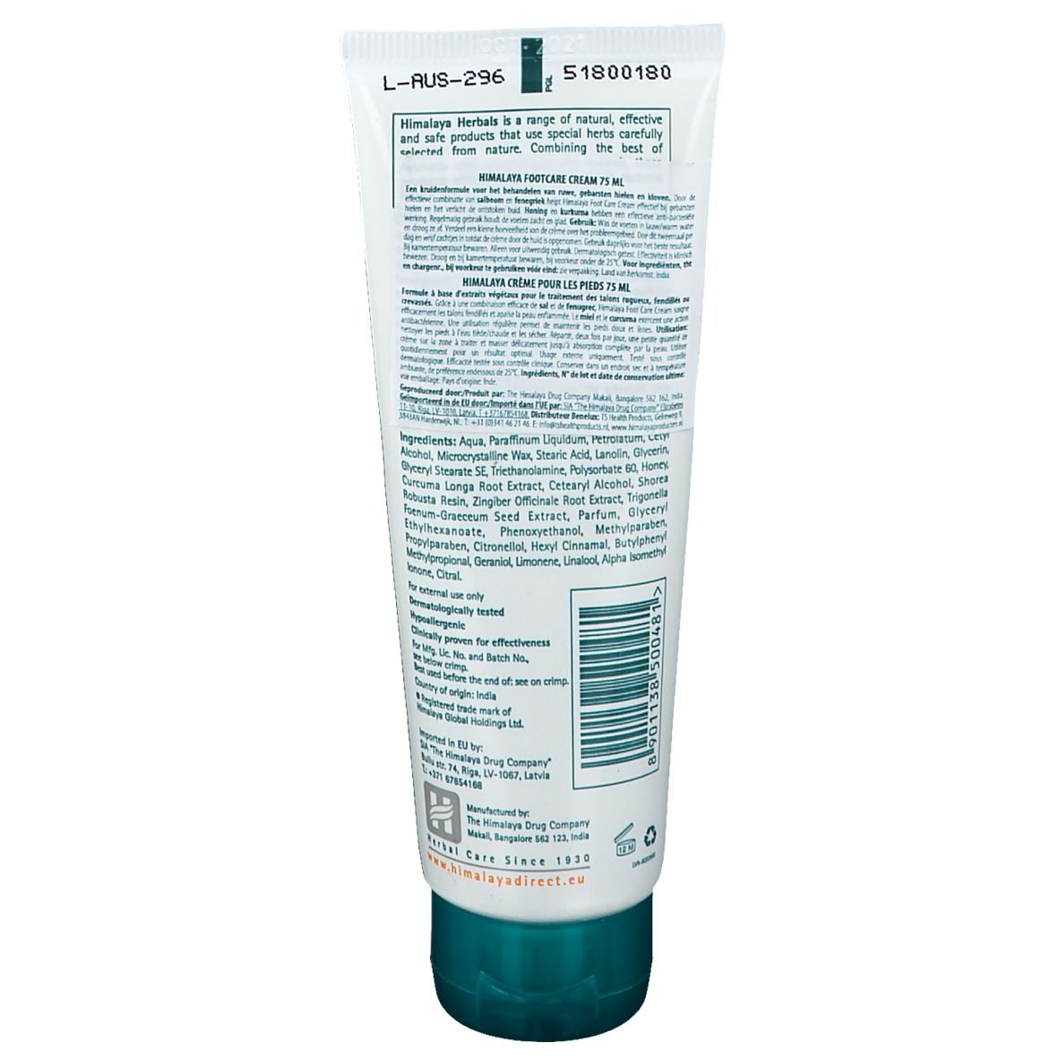 Himalaya Herbals Fußpflegecreme 75ml Tube mit detaillierten Inhaltsstoffen und Anwendungshinweisen.