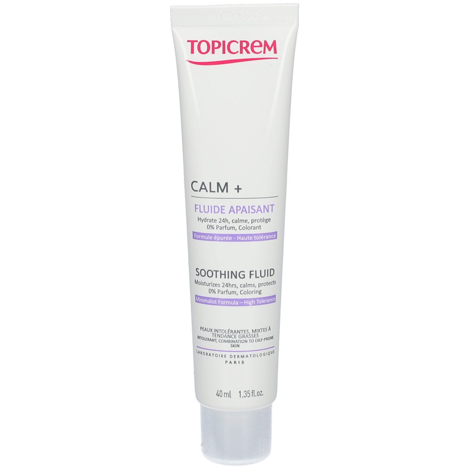 Weiß-lila Tube mit Produktbezeichnung TOPICREM CALM+ und Fließtext. Enthält 40 ml.