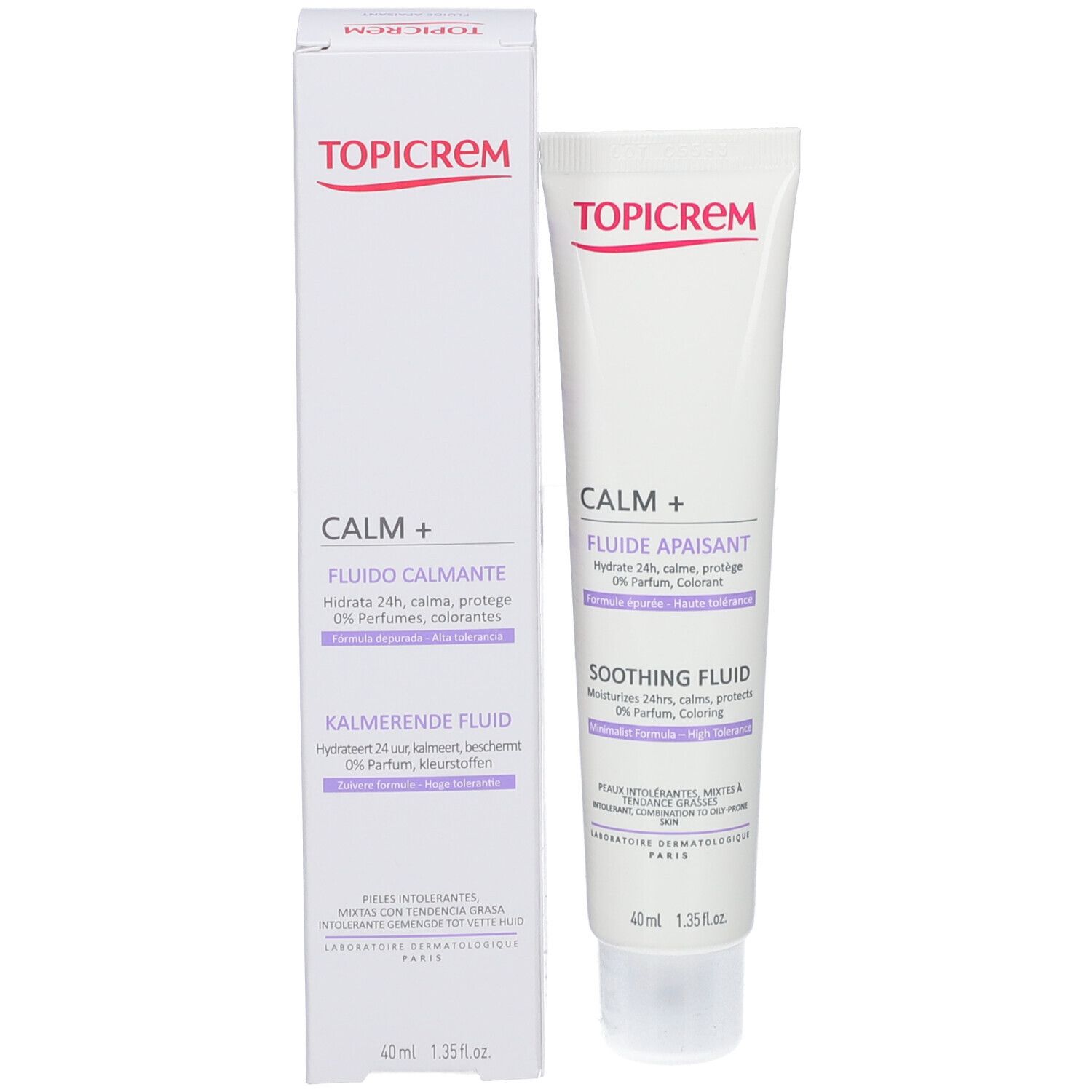 Produktverpackung mit Tube und Schachtel. TOPICREM CALM+ auf beiden. Schachtel mit Text in Deutsch und Französisch.