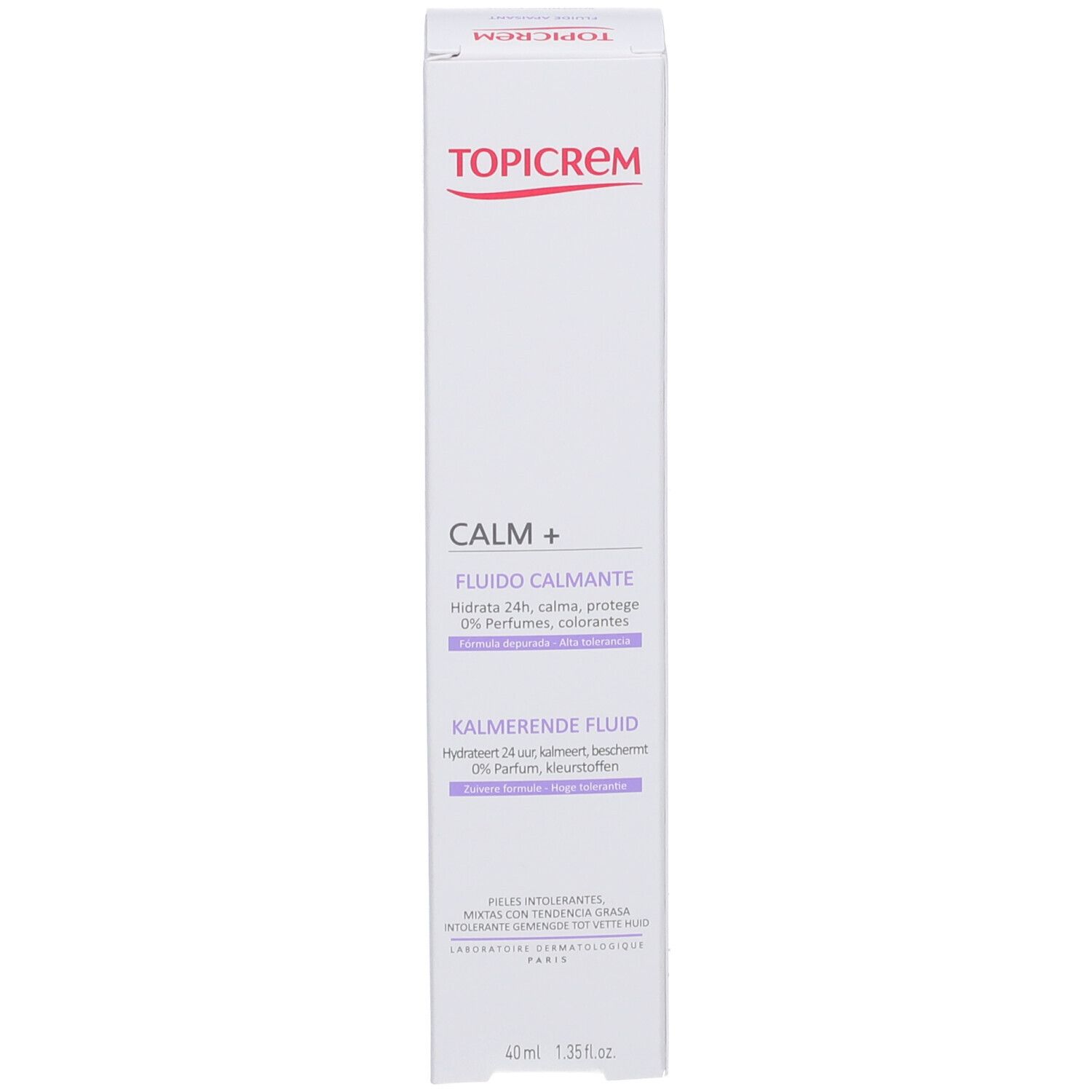 Produktverpackung mit Schachtel. TOPICREM CALM+ und Text in Deutsch und Französisch. 40 ml.